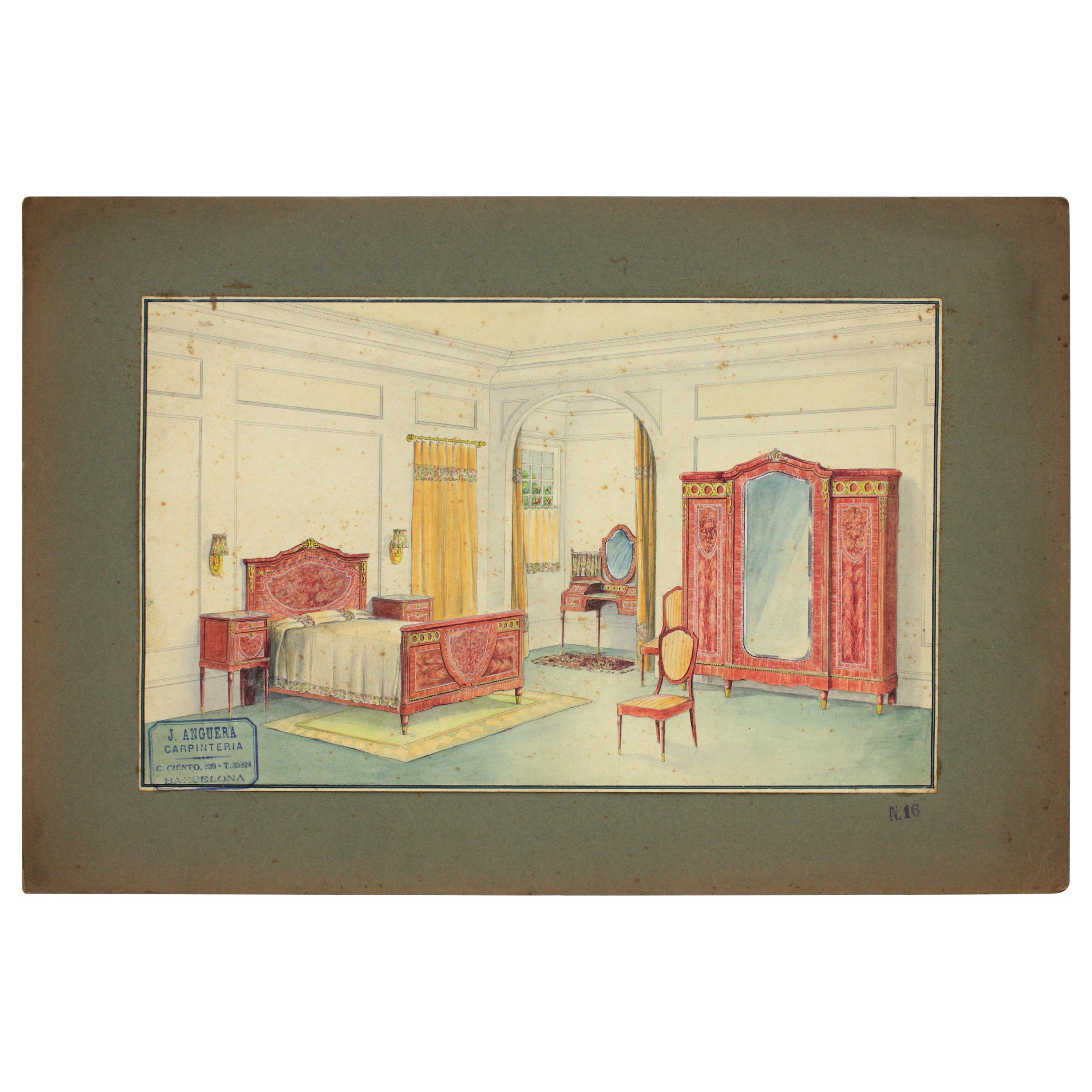 Interior Bedroom Scene Original Watercolor, Ink and Gouache Drawing Spain, 1930s