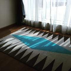 Interior Blue grey brown hand knotted carpet  geometric pattern rug