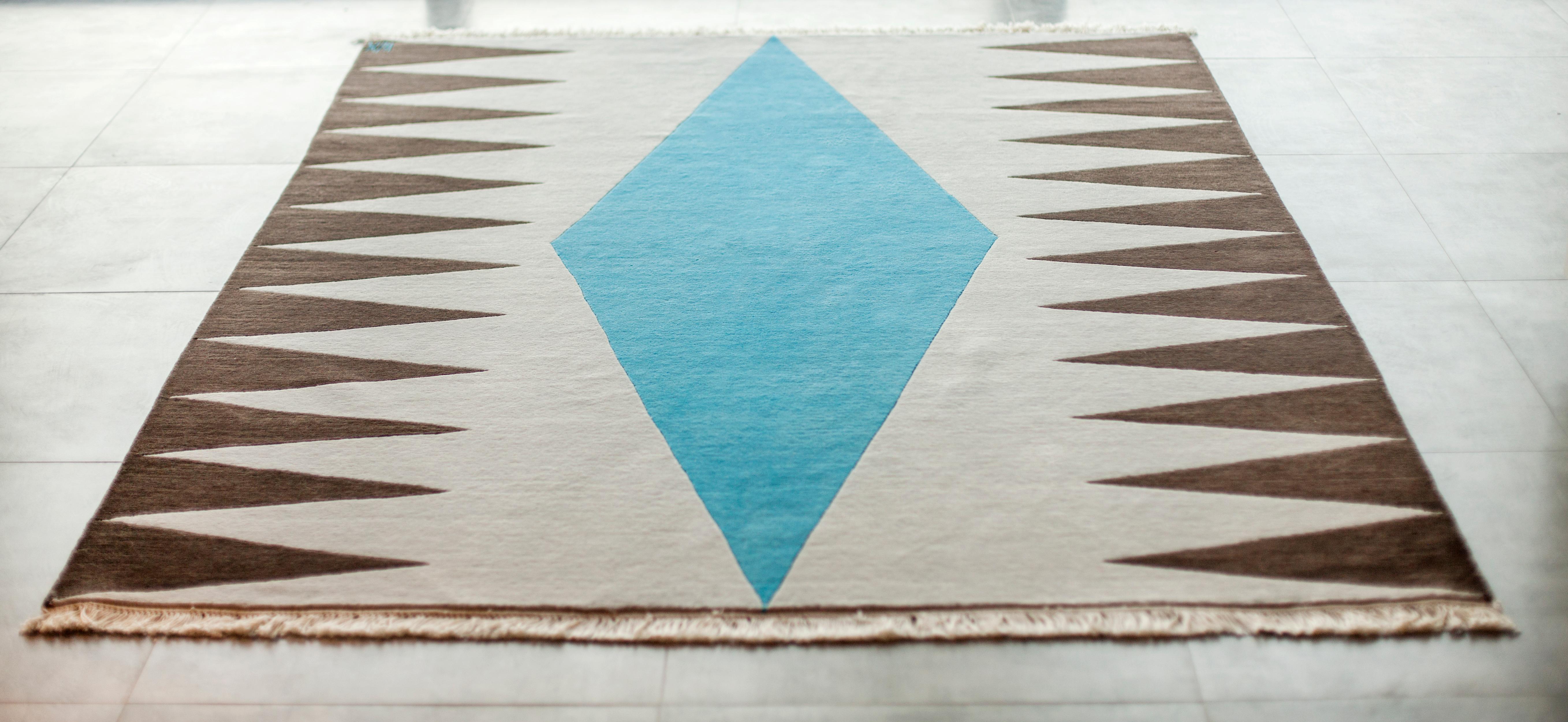 Scandinavian Modern Interior Blue grey brown hand knotted carpet  geometric pattern rug For Sale