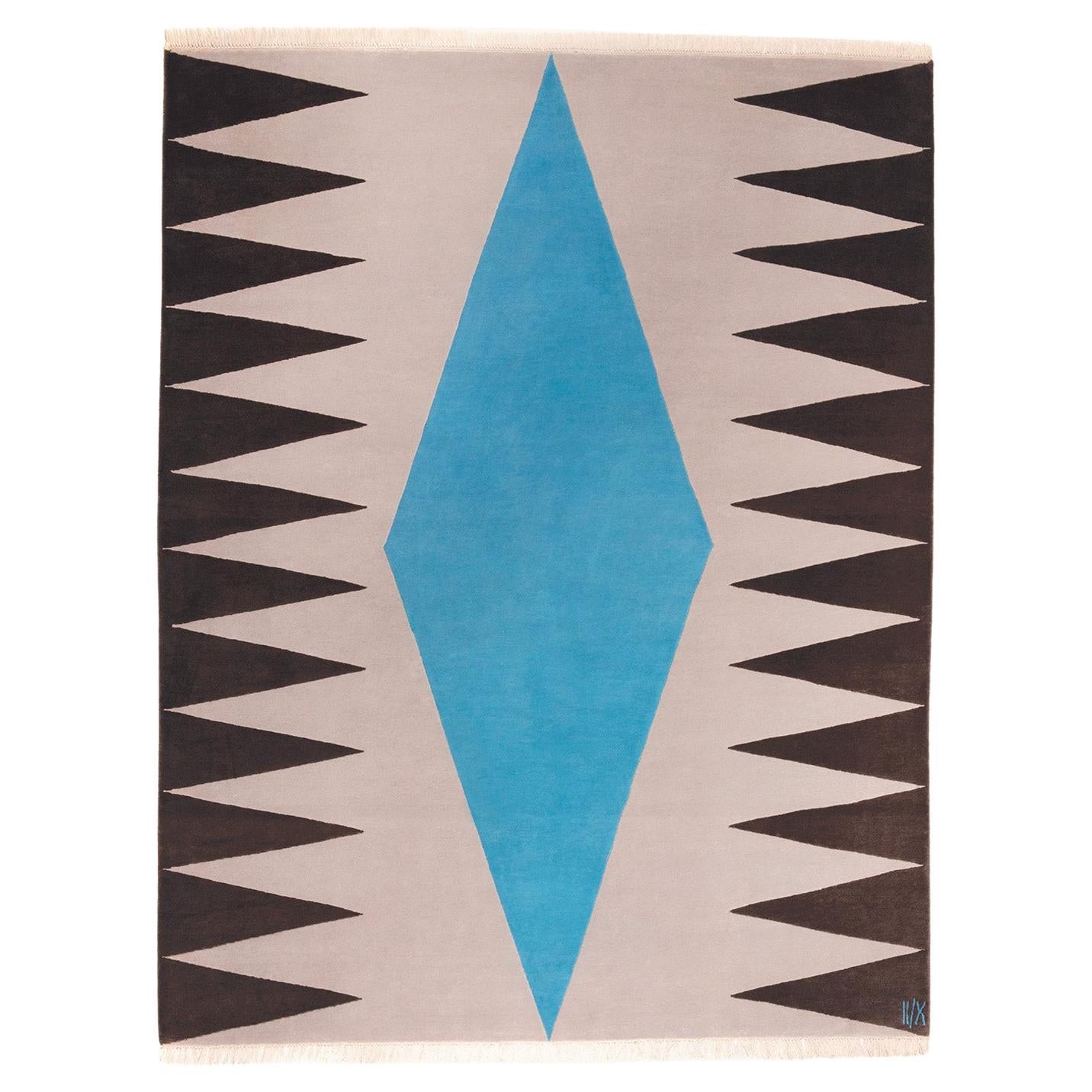 Interior Blue grey brown hand knotted carpet  geometric pattern rug For Sale