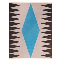 Interior Blue grey brown hand knotted carpet  geometric pattern rug