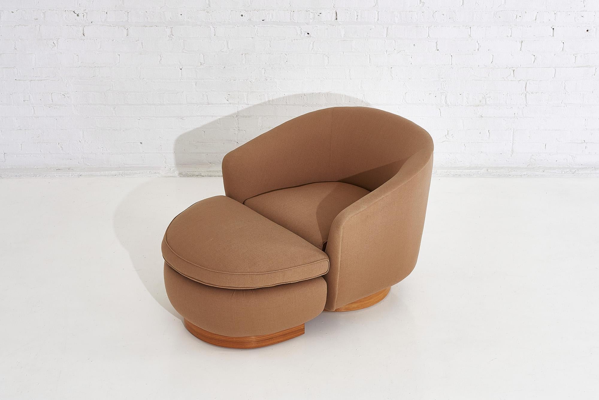 Upholstery Interior Crafts Swivel Chair with Ottoman on Walnut Base, 1970