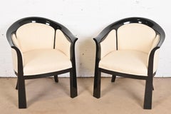 Interior Crafts Modern Art Deco Black Lacquered Tub Chairs, Pair