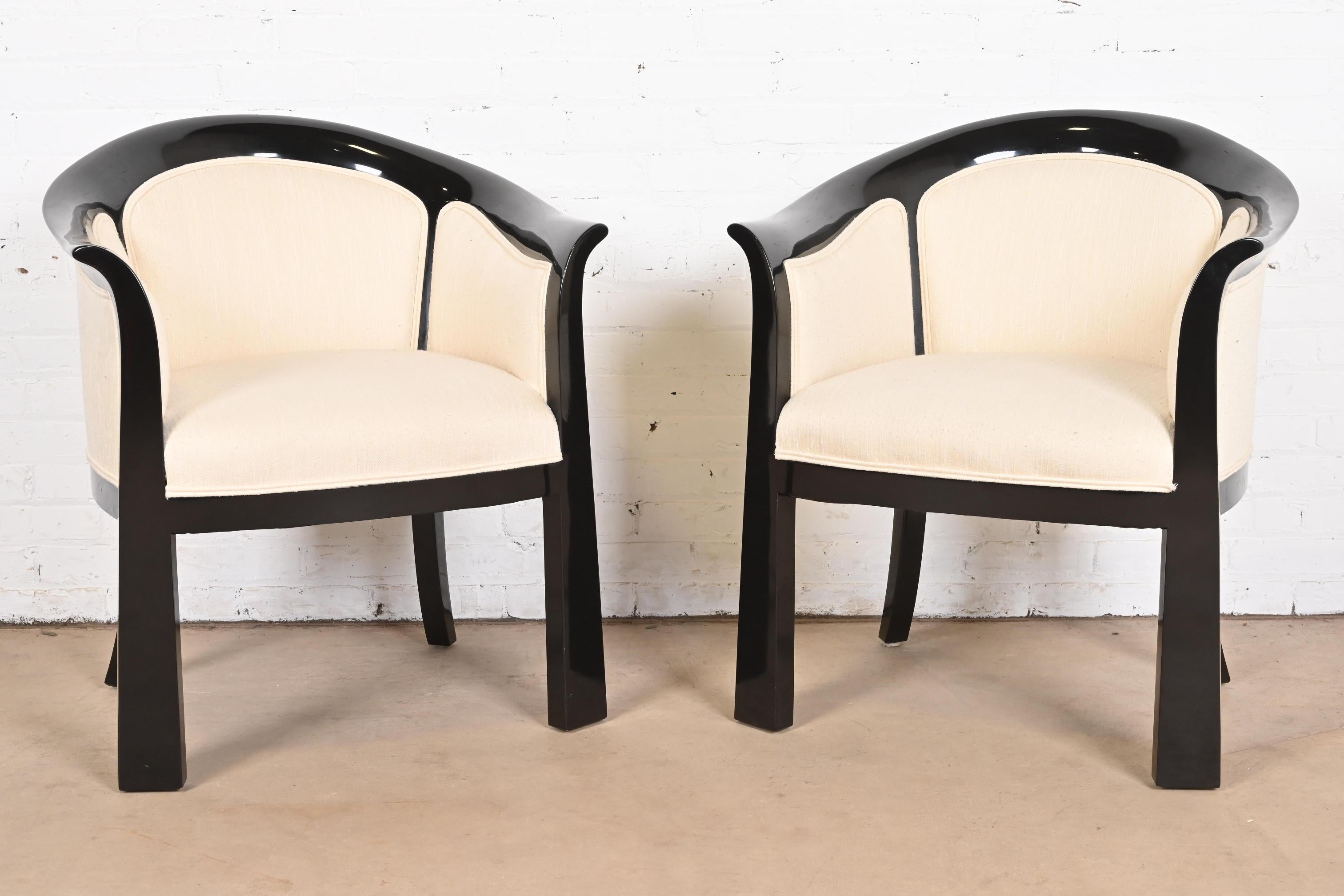 American Interior Crafts Modern Art Deco Black Lacquered Tub Chairs, Pair