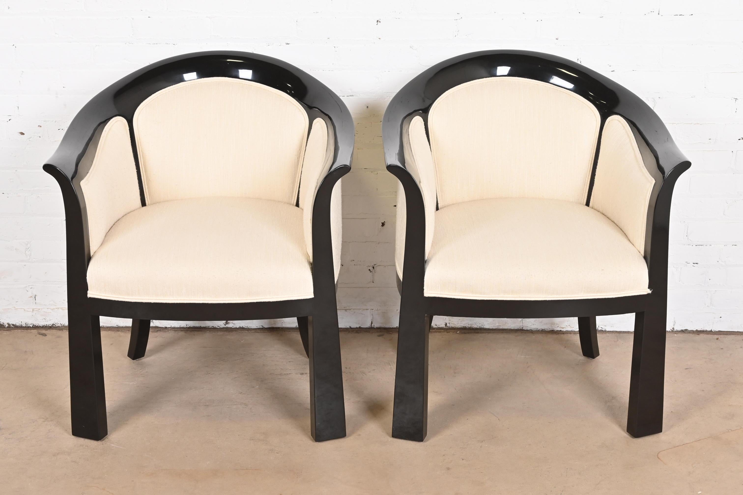 Interior Crafts Modern Art Deco Black Lacquered Tub Chairs, Pair In Good Condition In South Bend, IN