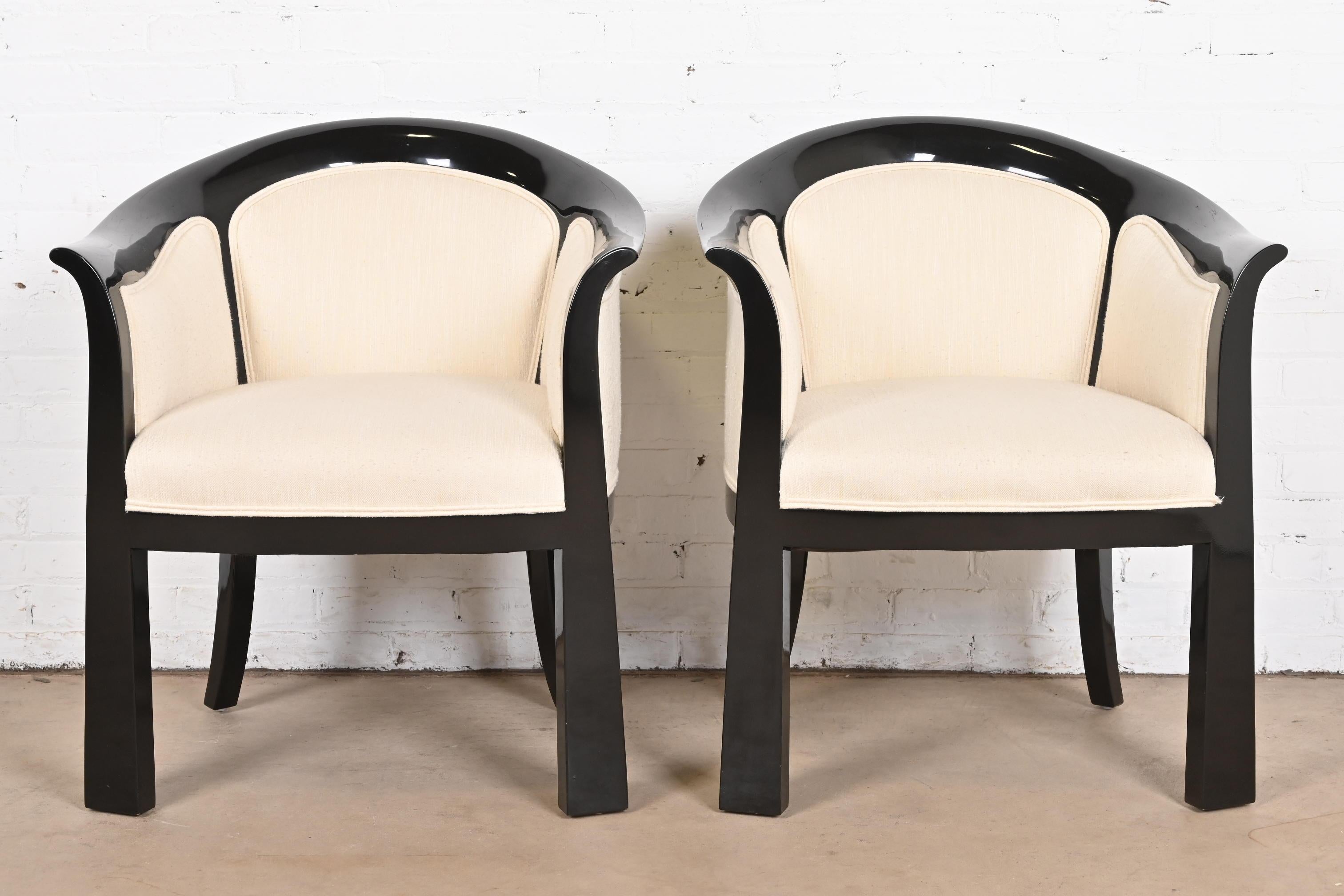 20th Century Interior Crafts Modern Art Deco Black Lacquered Tub Chairs, Pair