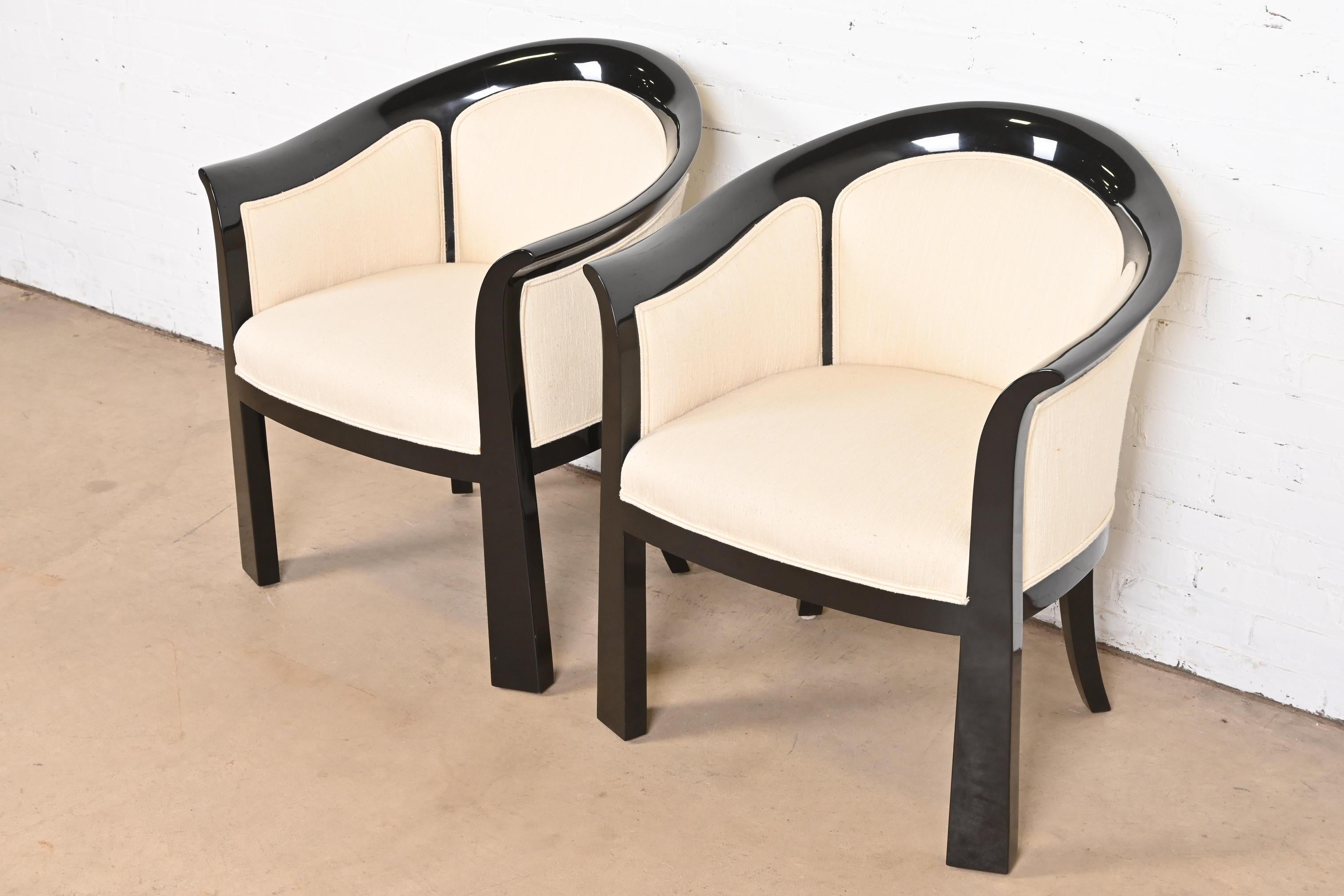 Upholstery Interior Crafts Modern Art Deco Black Lacquered Tub Chairs, Pair