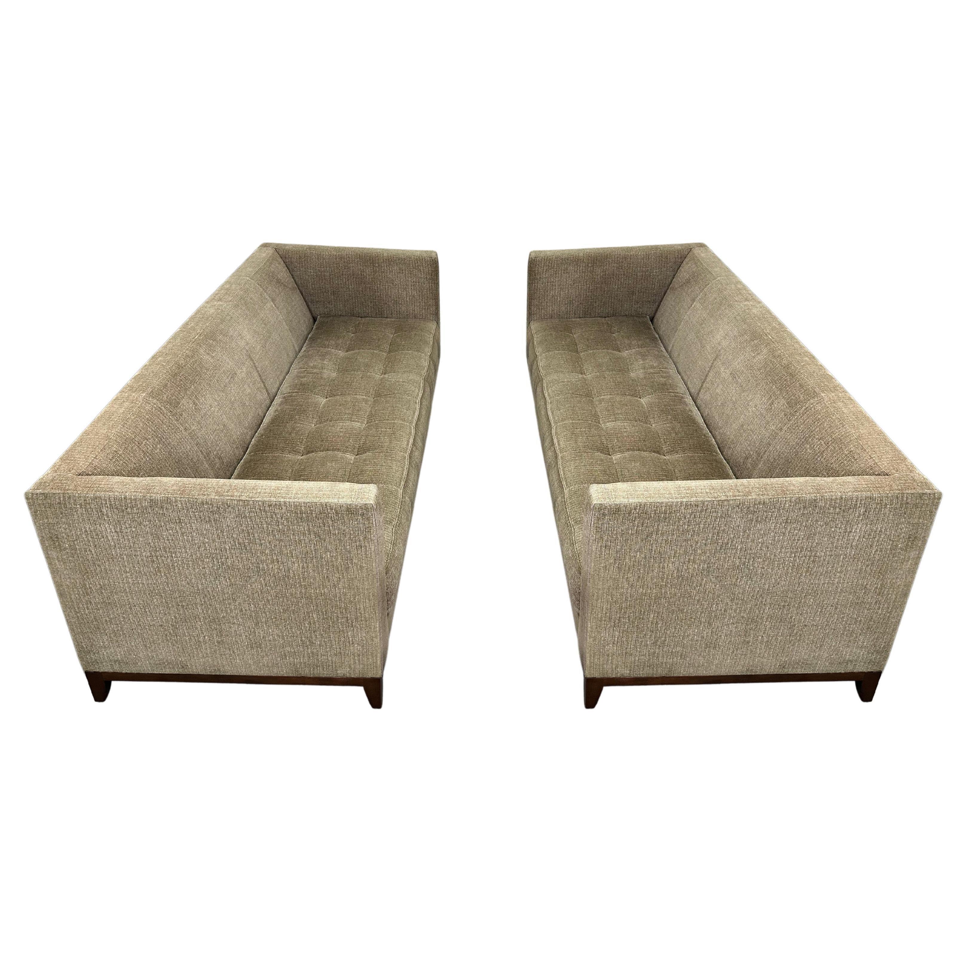 A modern and timeless pair of matching 3-seat sofas in high-chatoyancy olive gold chenille by Interior Crafts, Inc. USA, 2000s.

Extremely well crafted. Extremely comfortable. Add pillows to create your ultimate cozy spot to curl up and watch a