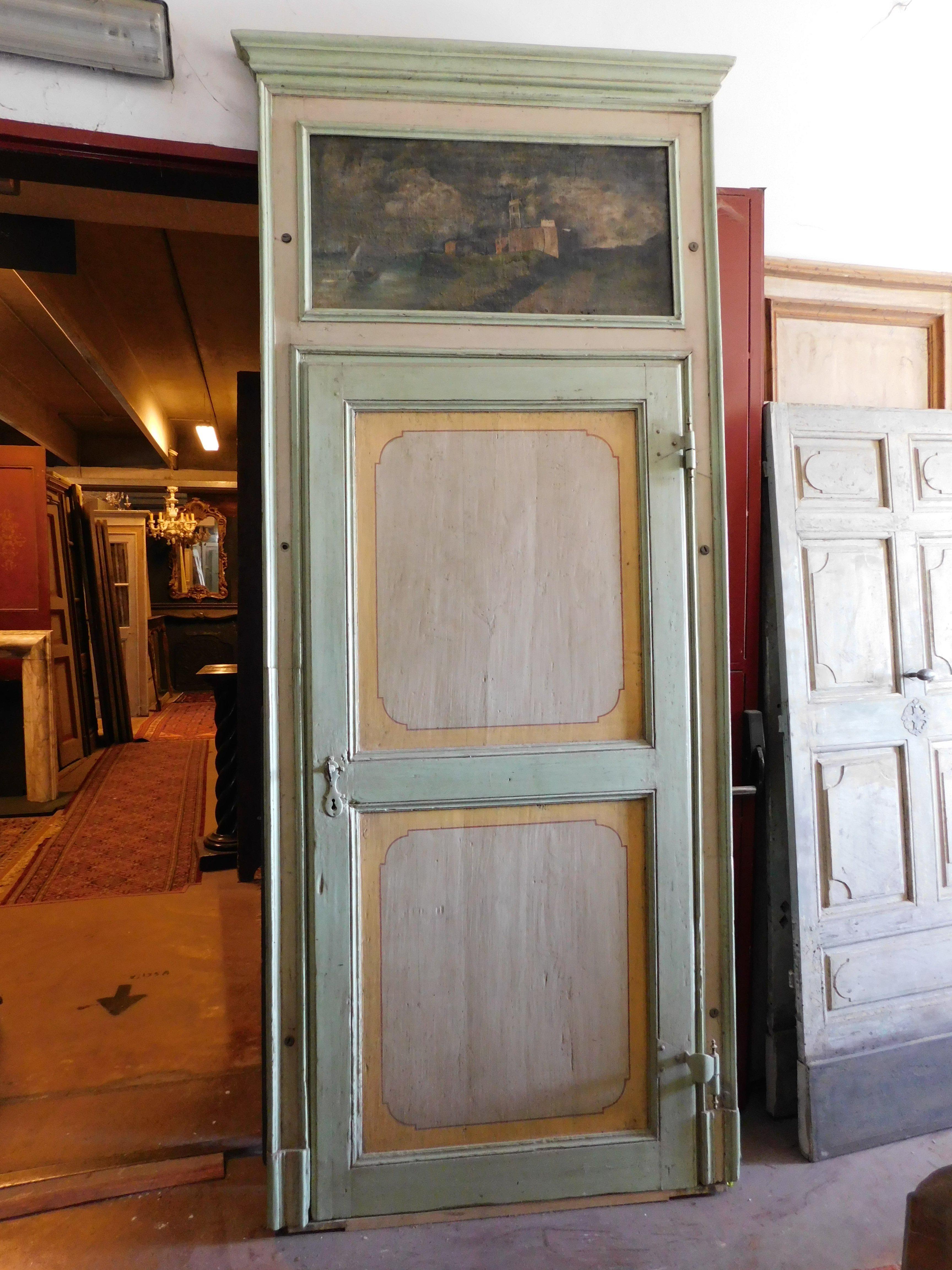 Italian Interior door in painted wood, complete with frame and painted overdoor, Italy For Sale