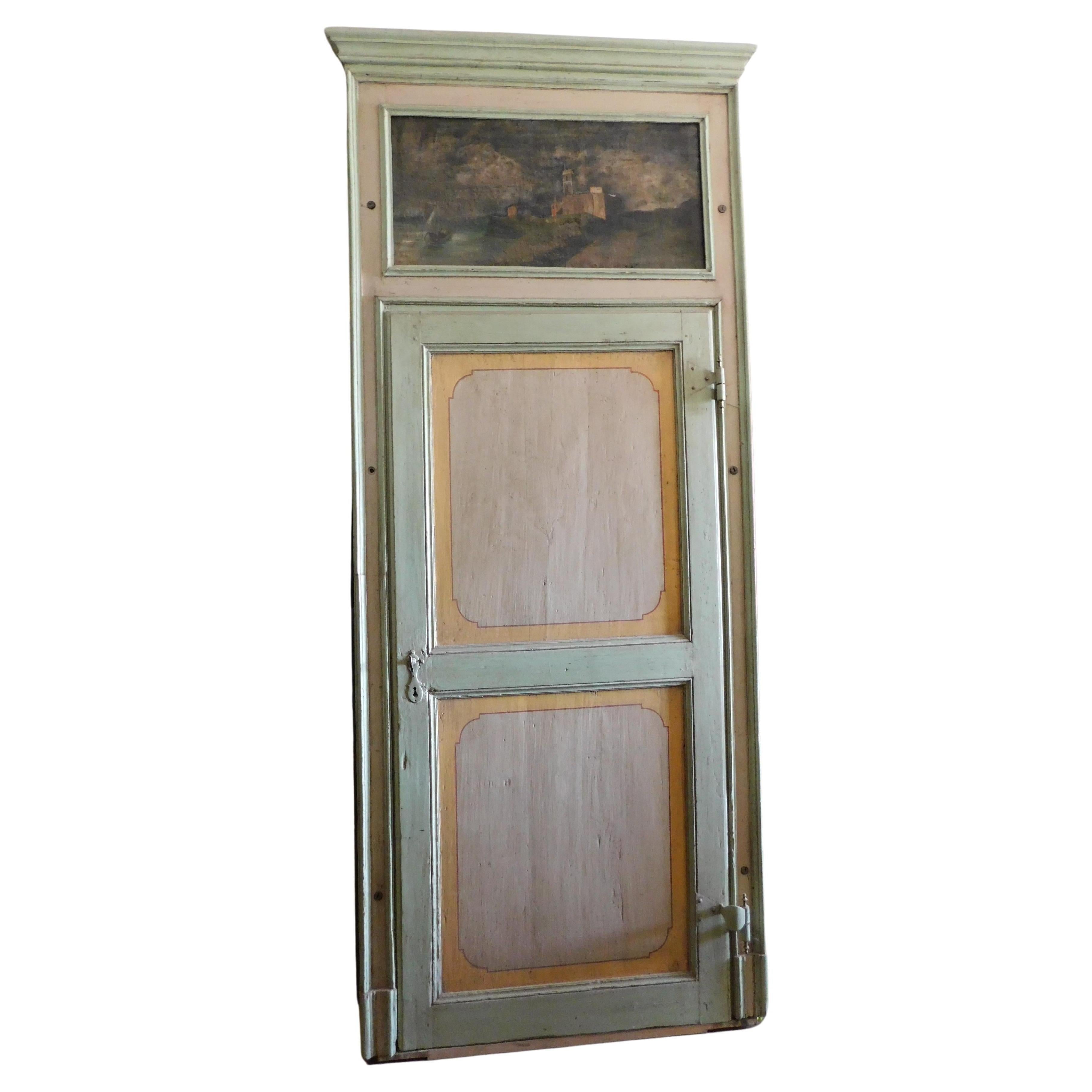 Interior door in painted wood, complete with frame and painted overdoor, Italy