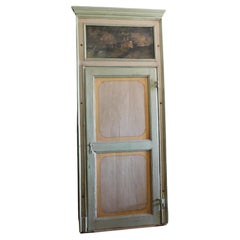 Antique Interior door in painted wood, complete with frame and painted overdoor, Italy