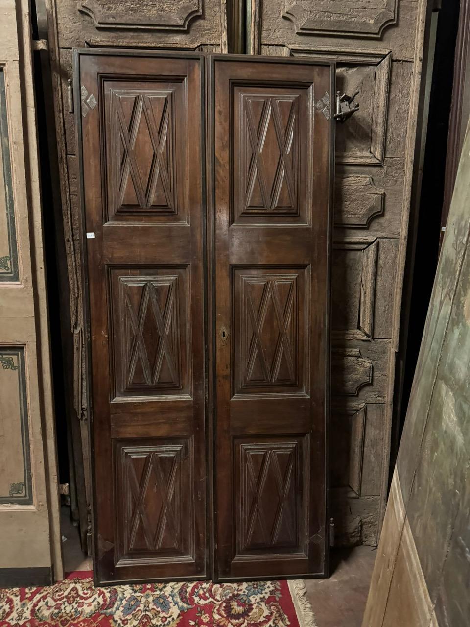 Italian Interior double-leaf walnut door, panels carved with geometric shapes, Italy For Sale