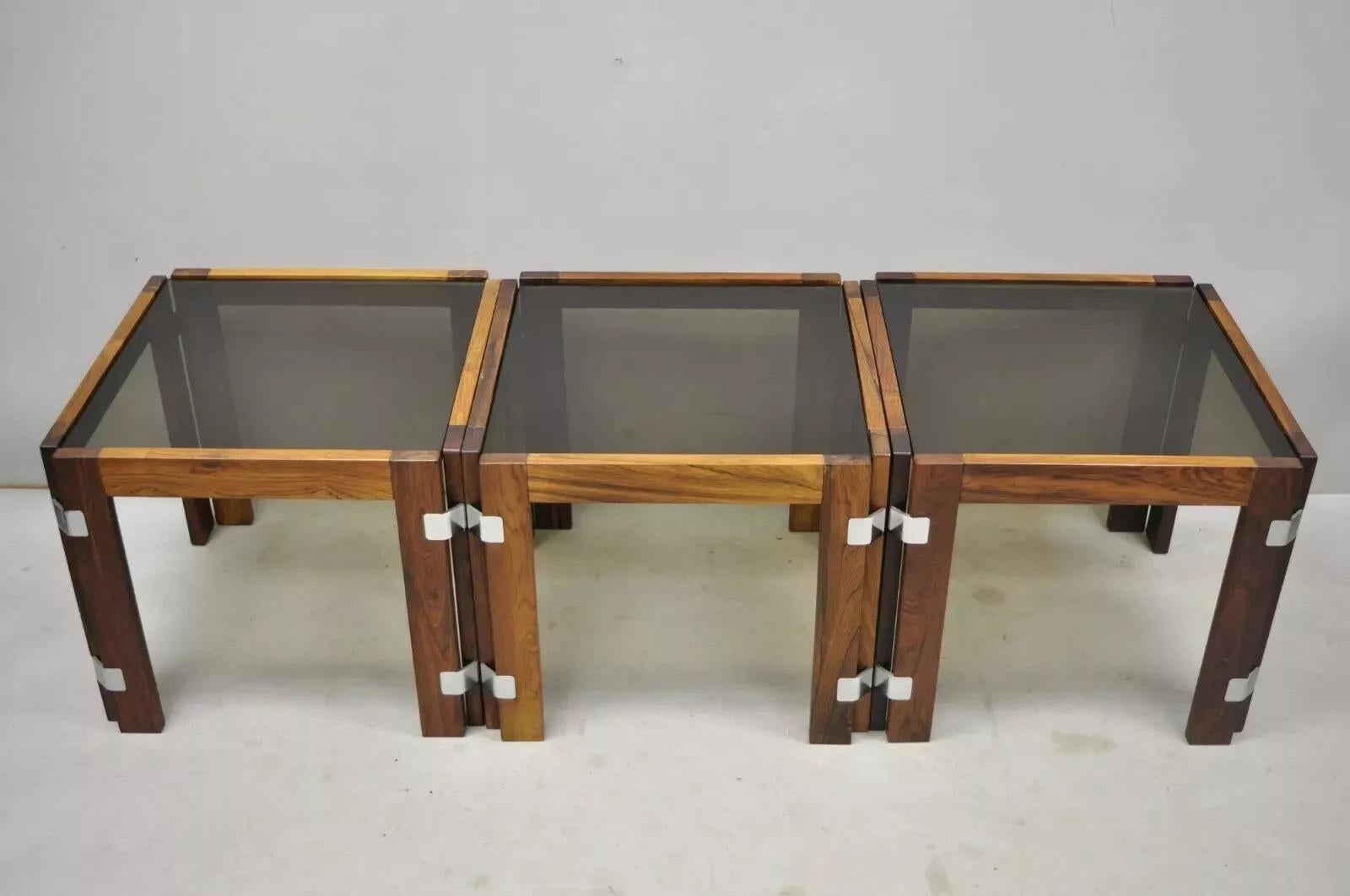 Interior Form Mid Century Danish Modern Rosewood & Glas Beistelltische - 3 Stück (Moderne der Mitte des Jahrhunderts) im Angebot
