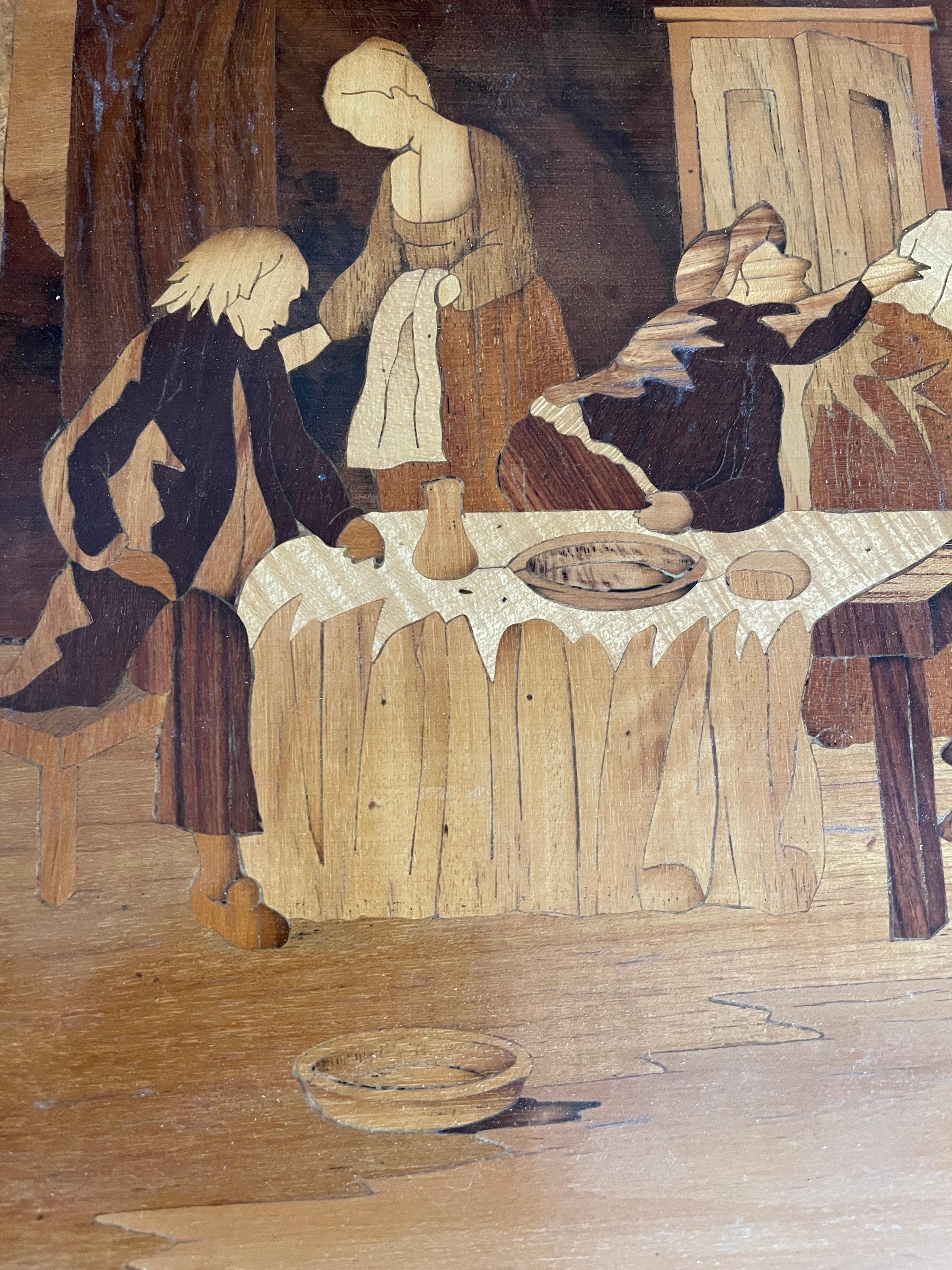 Interior Genre Scene Late-20th Century Italian Wood Inlaid Marquetry Panel For Sale 1