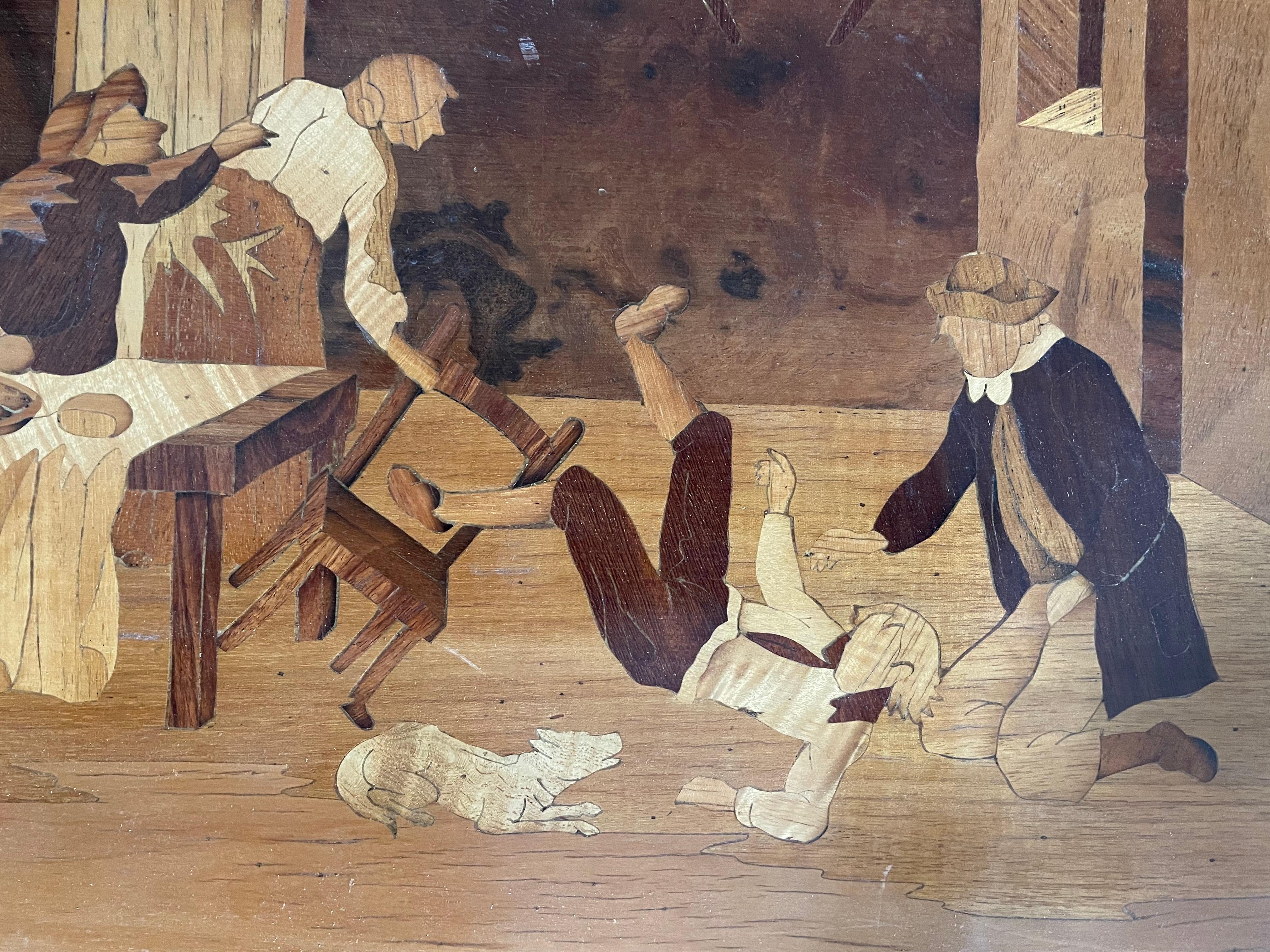 Escena de género interior de finales del siglo XX Panel italiano de marquetería con incrustaciones de madera en venta 1