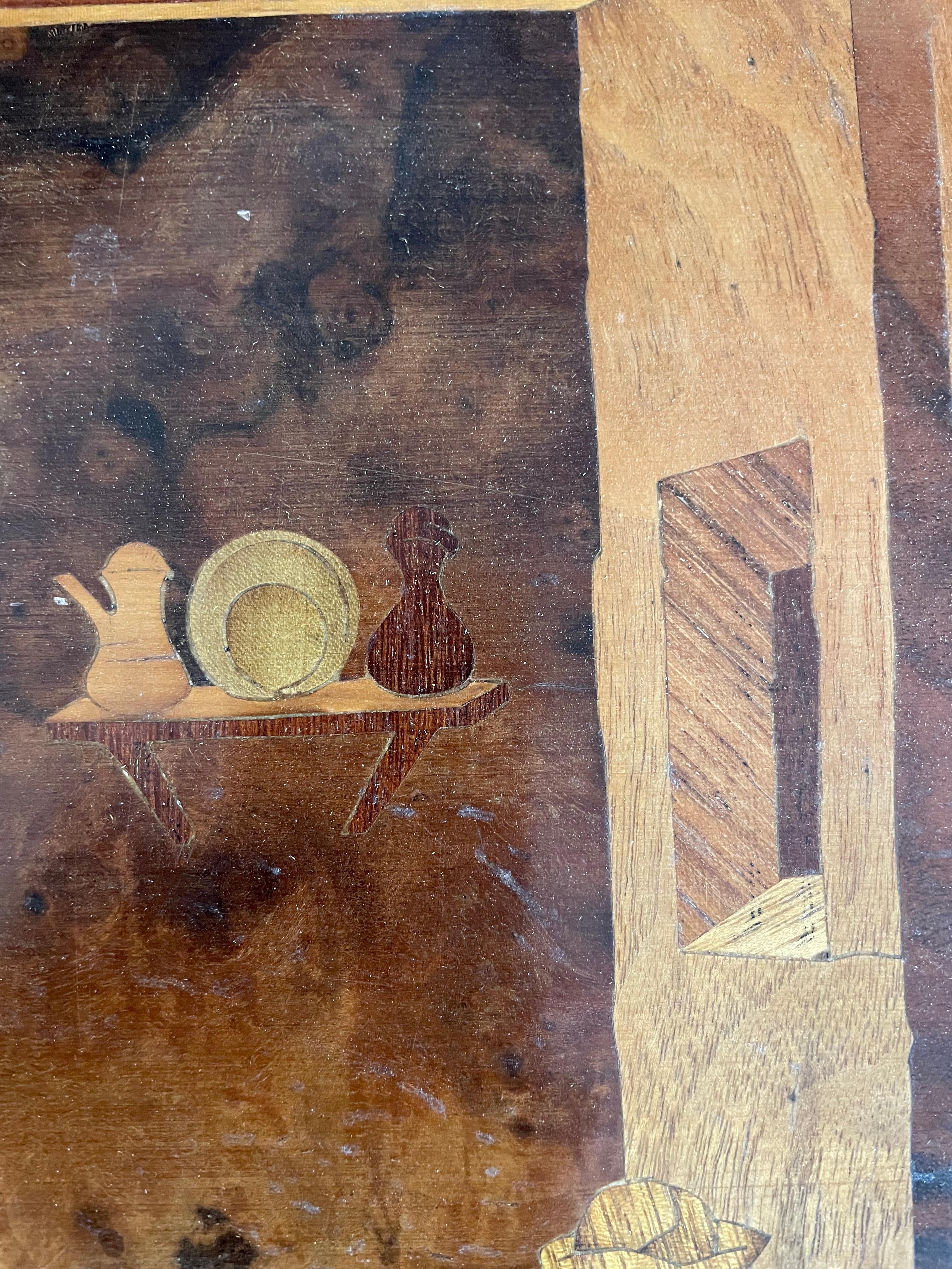 Interior Genre Scene Late-20th Century Italian Wood Inlaid Marquetry Panel For Sale 3