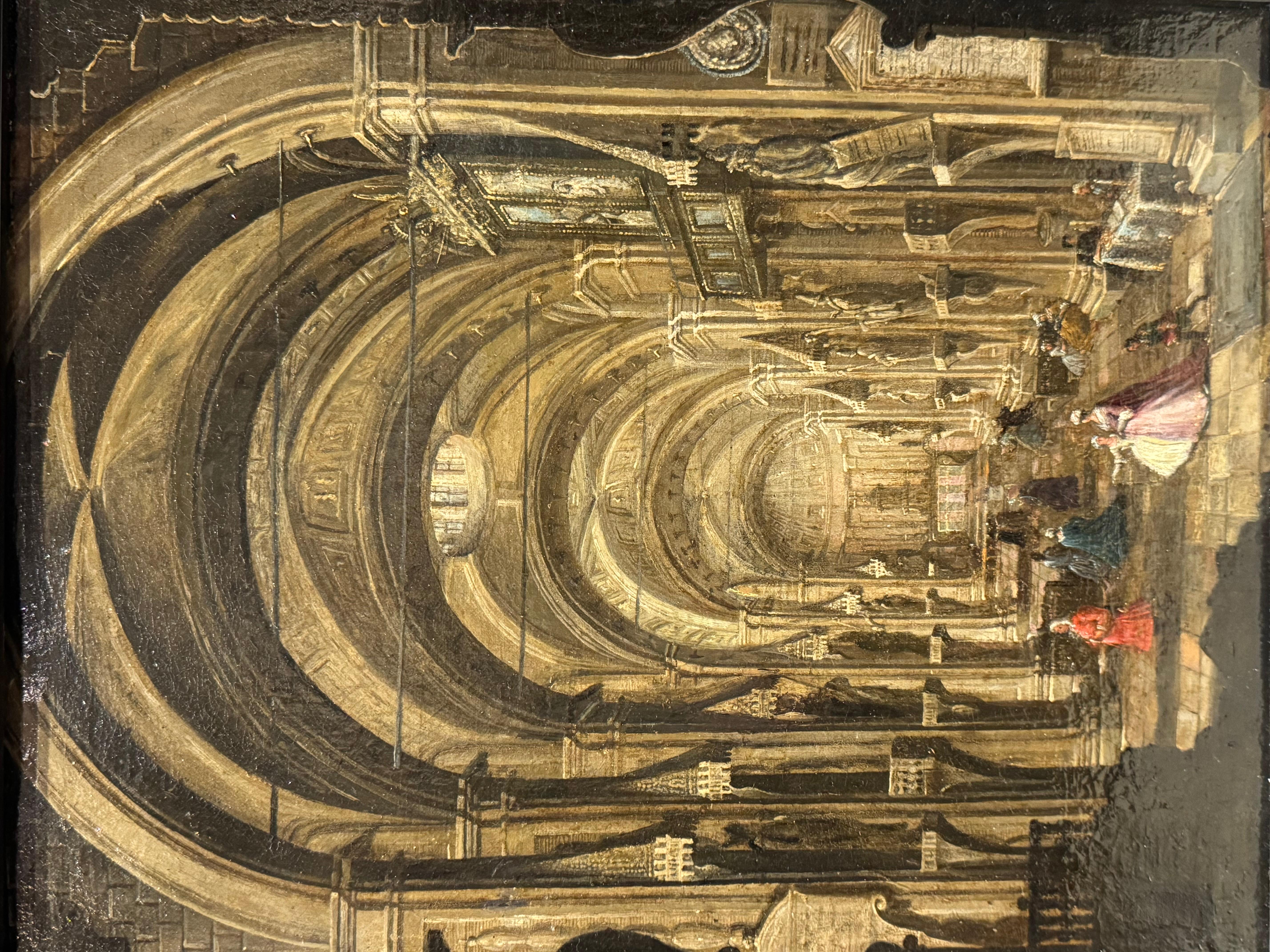 Huile sur toile, doublée, représentant l'intérieur d'une cathédrale, probablement Anvers, avec diverses scènes s'y déroulant.
Usure et surpeinture à restaurer, mais bel aspect.
Cadre moderne.
59x41 avec cadre.
Flandre, XVIIe siècle.