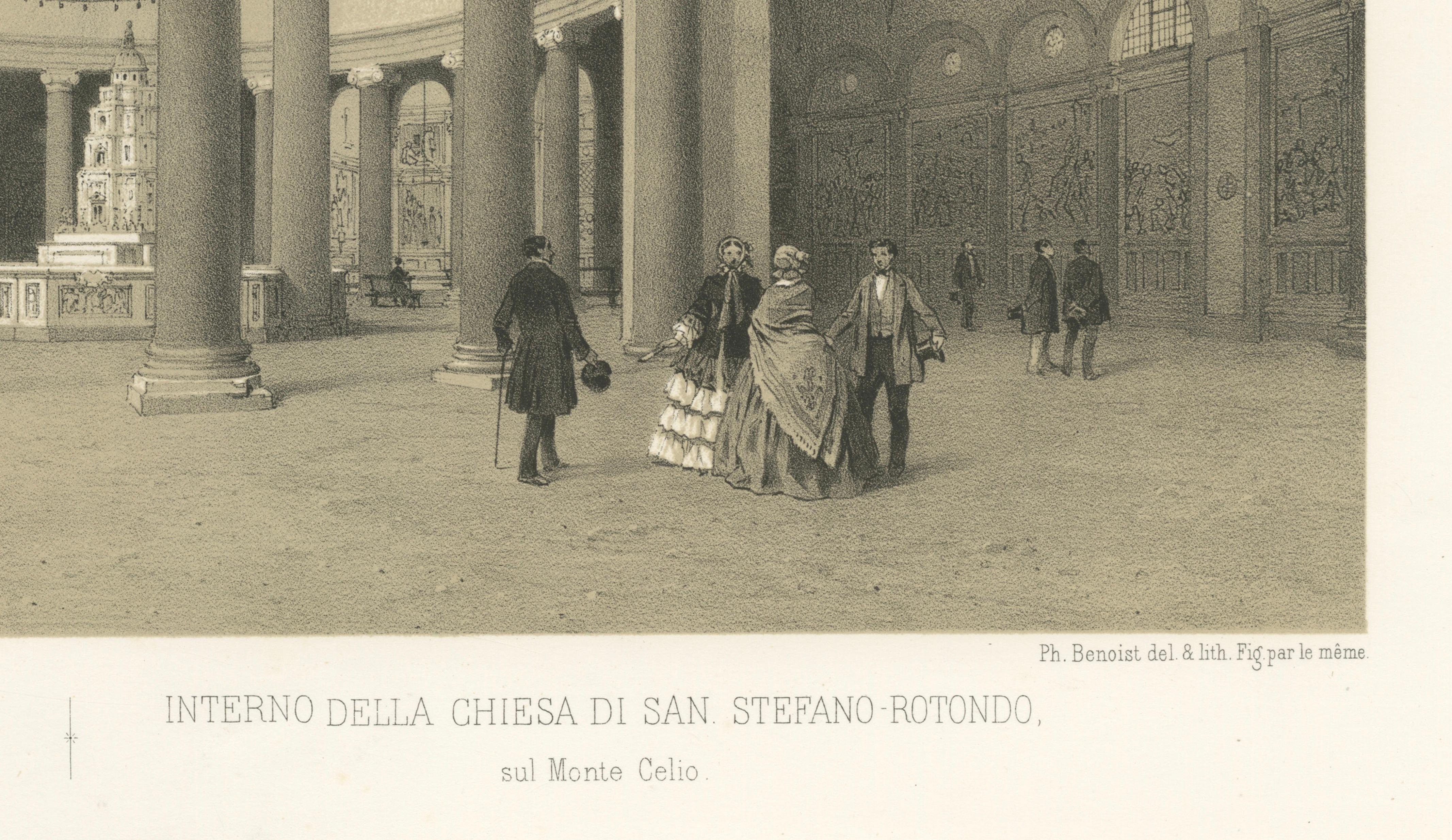Interior of Santo Stefano Rotondo, Rome – Benoist 1869 Lithograph
