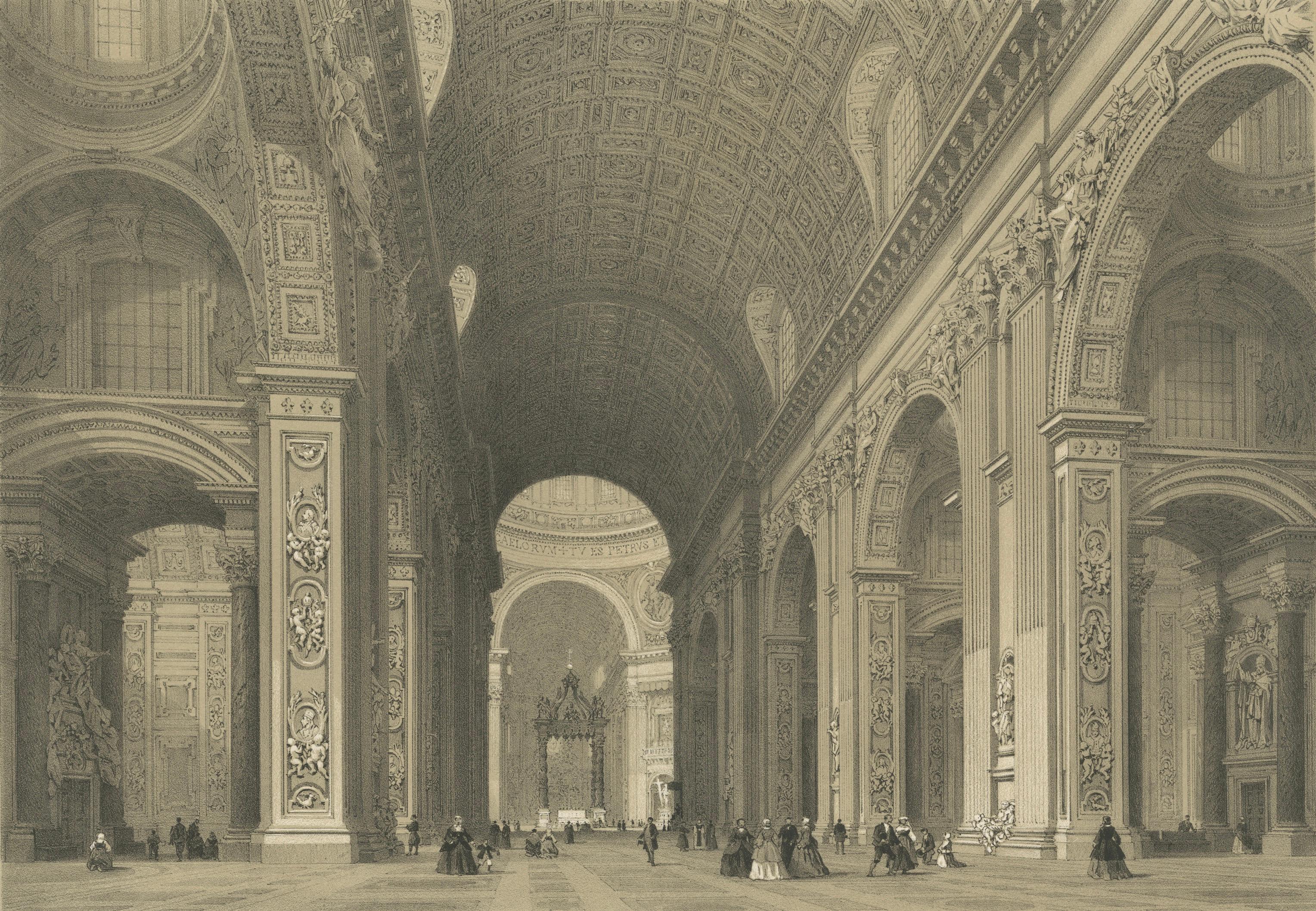 Interior of St. Peter’s Basilica Vatican Rome – Benoist Lithograph 1869