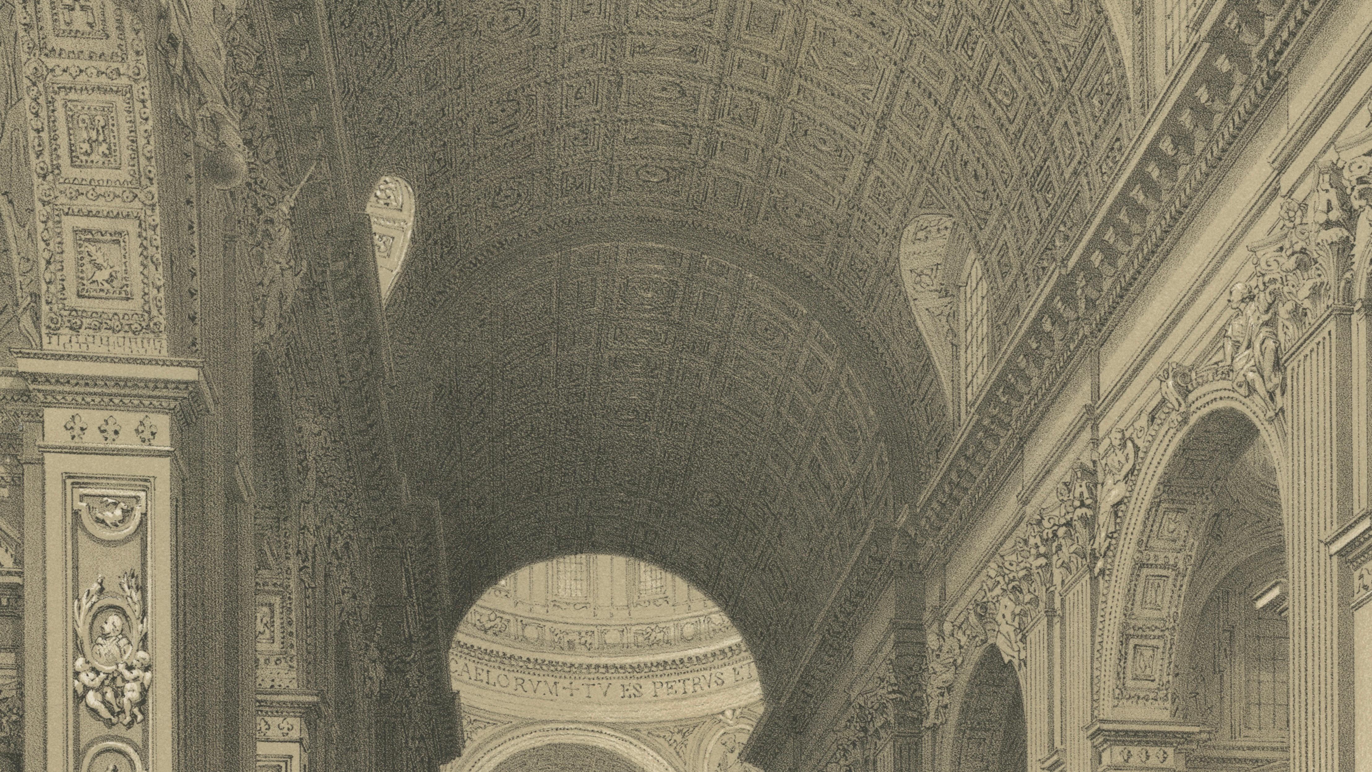 Interior of St. Peter’s Basilica Vatican Rome – Benoist Lithograph 1869
