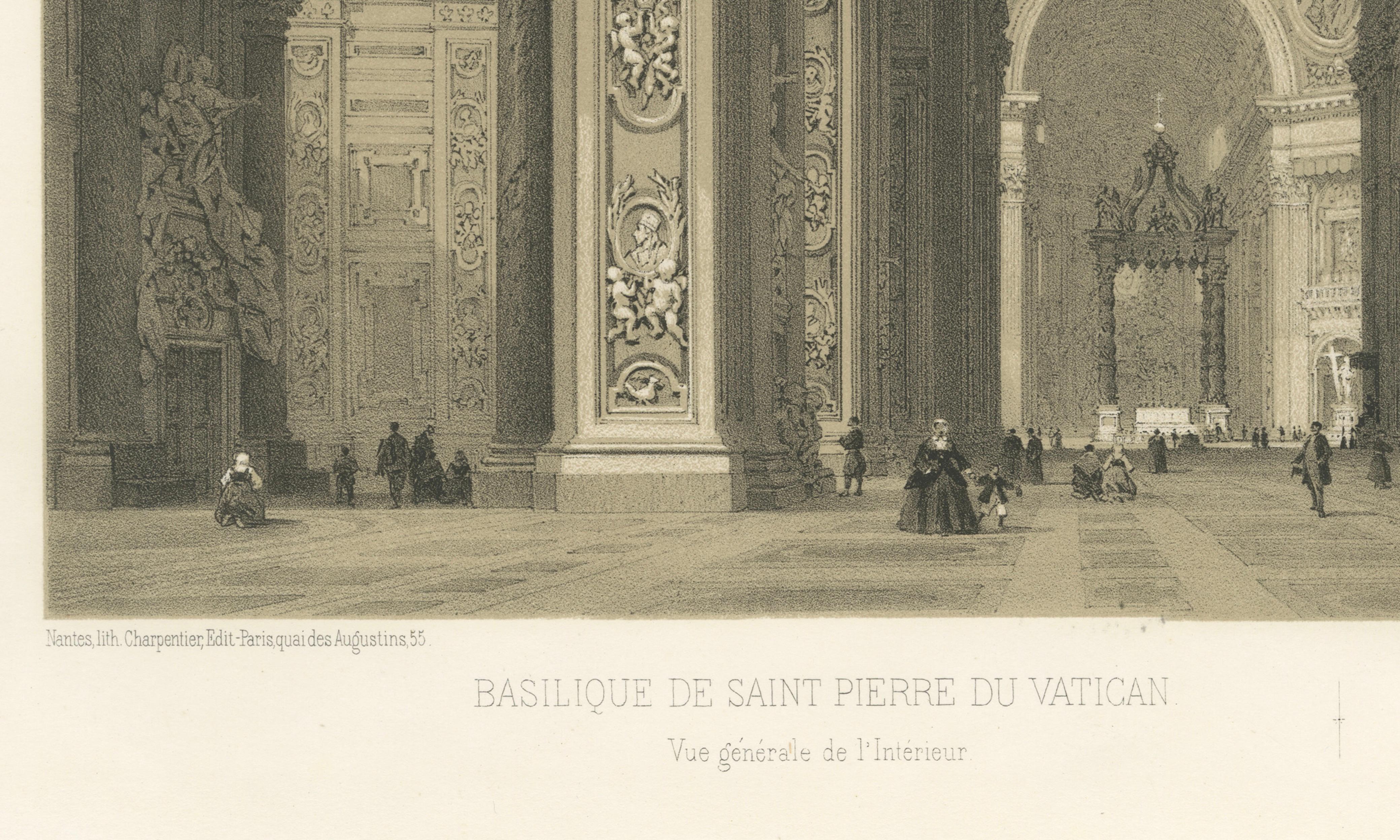 Interior of St. Peter’s Basilica Vatican Rome – Benoist Lithograph 1869