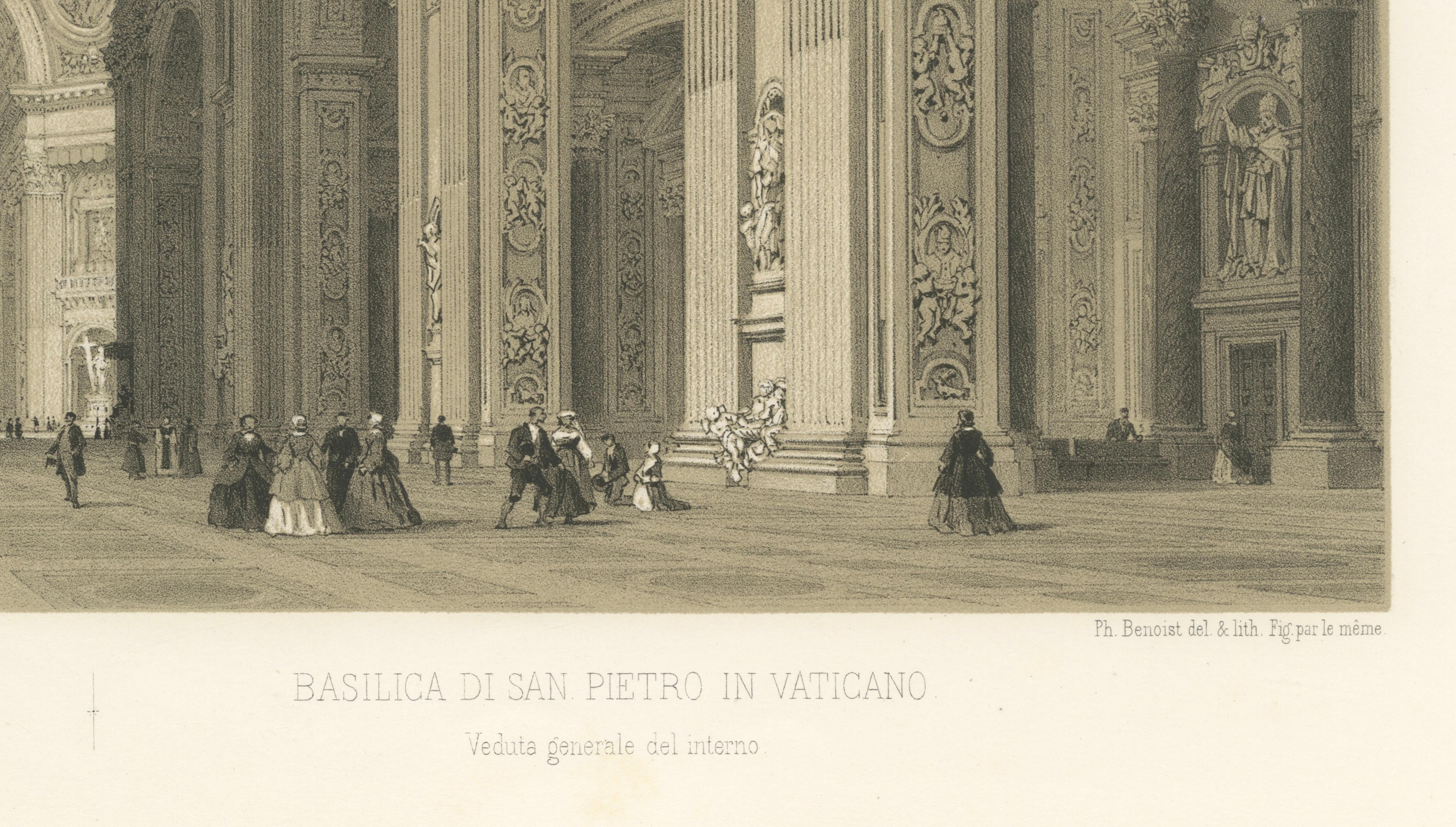 Interior of St. Peter’s Basilica Vatican Rome – Benoist Lithograph 1869