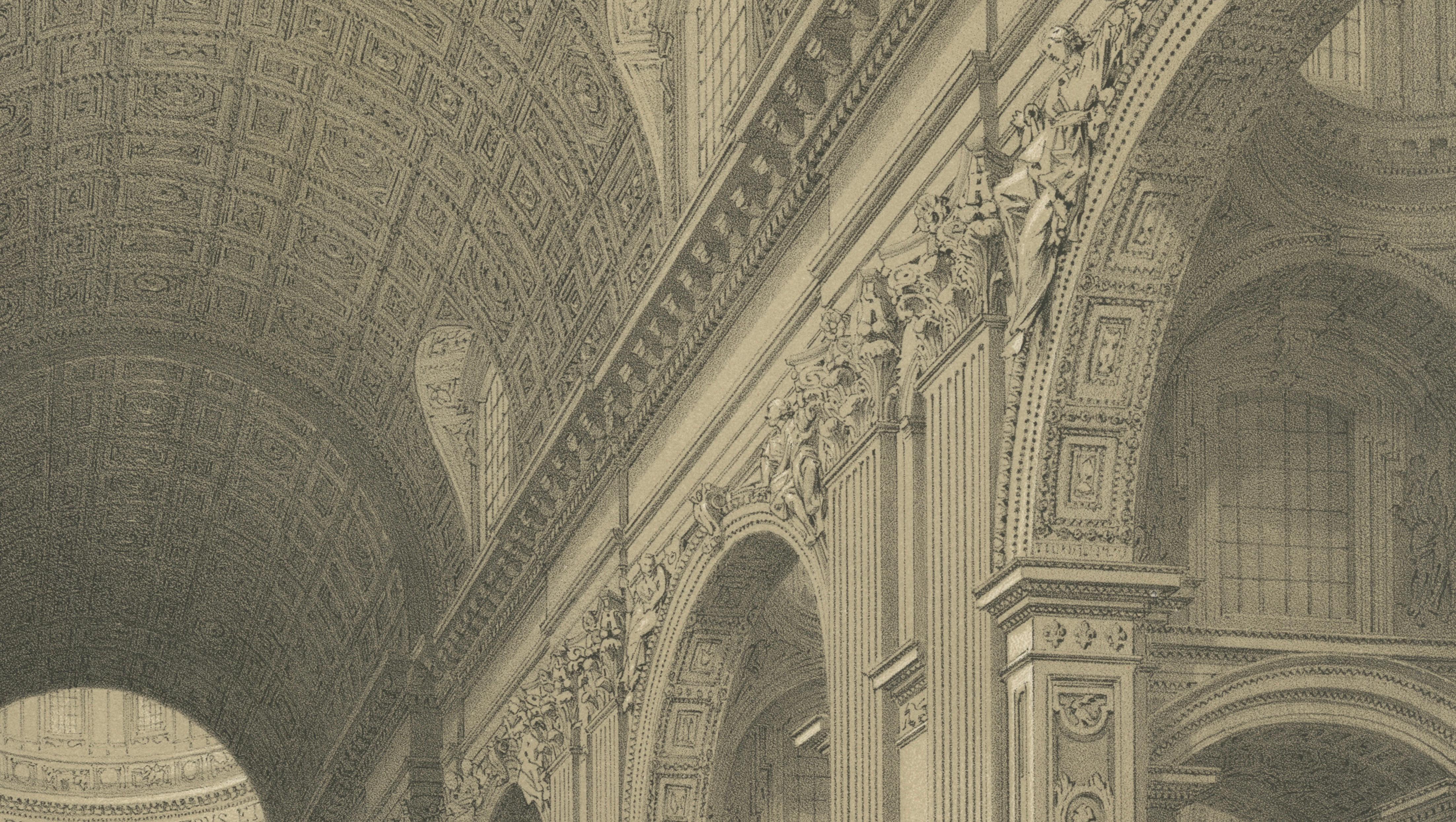 Interior of St. Peter’s Basilica Vatican Rome – Benoist Lithograph 1869