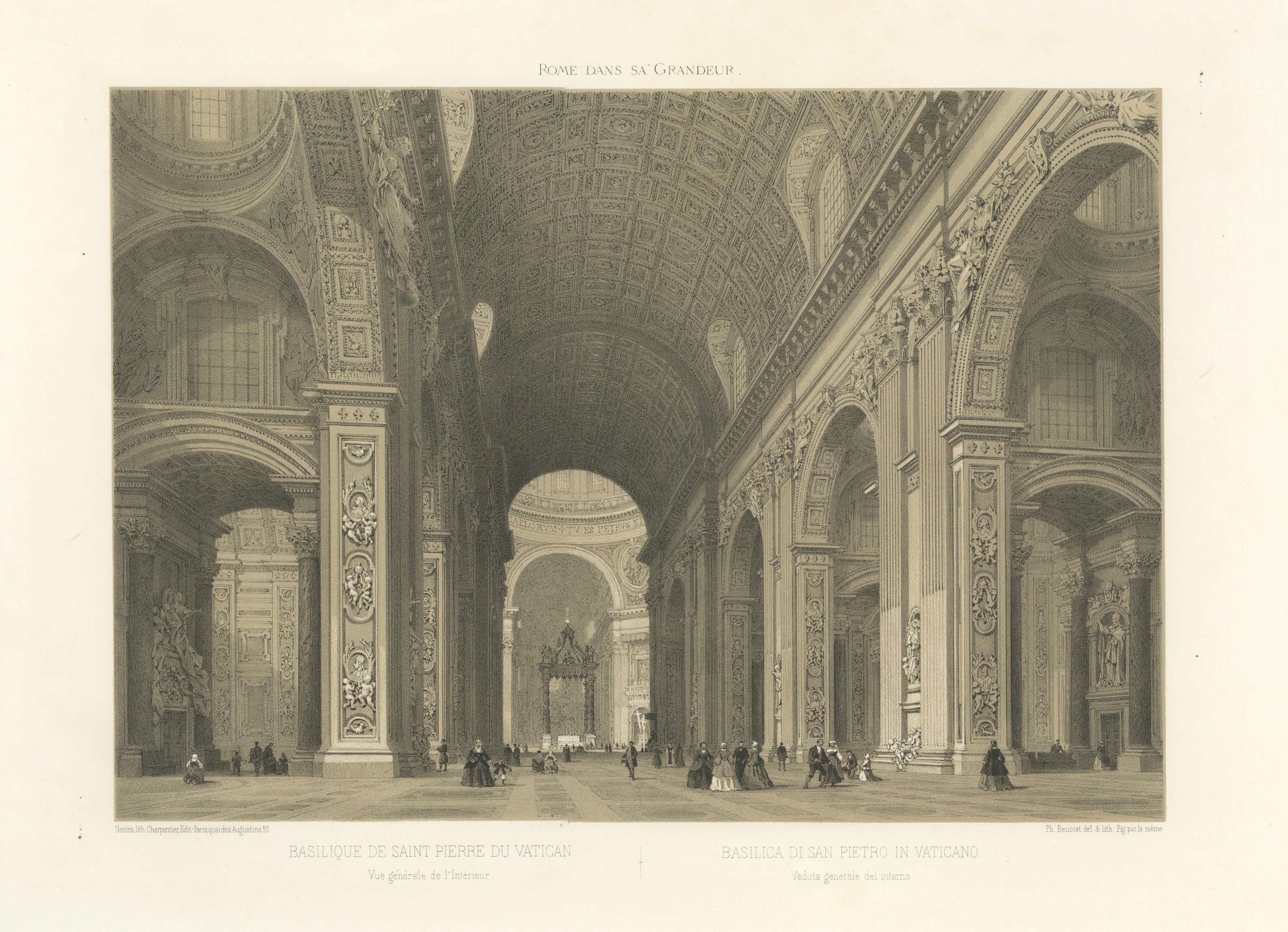 Intérieur de la basilique Saint-Pierre du Vatican à Rome - Lithographie de Benoist 1869