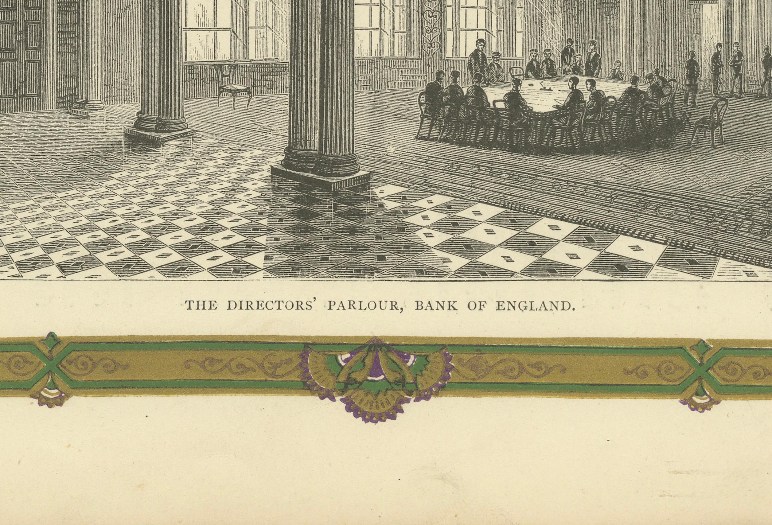 Este grabado se titula The Directors' Parlour, Bank of England, y fue creado por J. C. Griffiths, cuyo nombre aparece en la esquina inferior derecha. La imagen representa el grandioso interior del Salón de Directores del Banco de Inglaterra, un