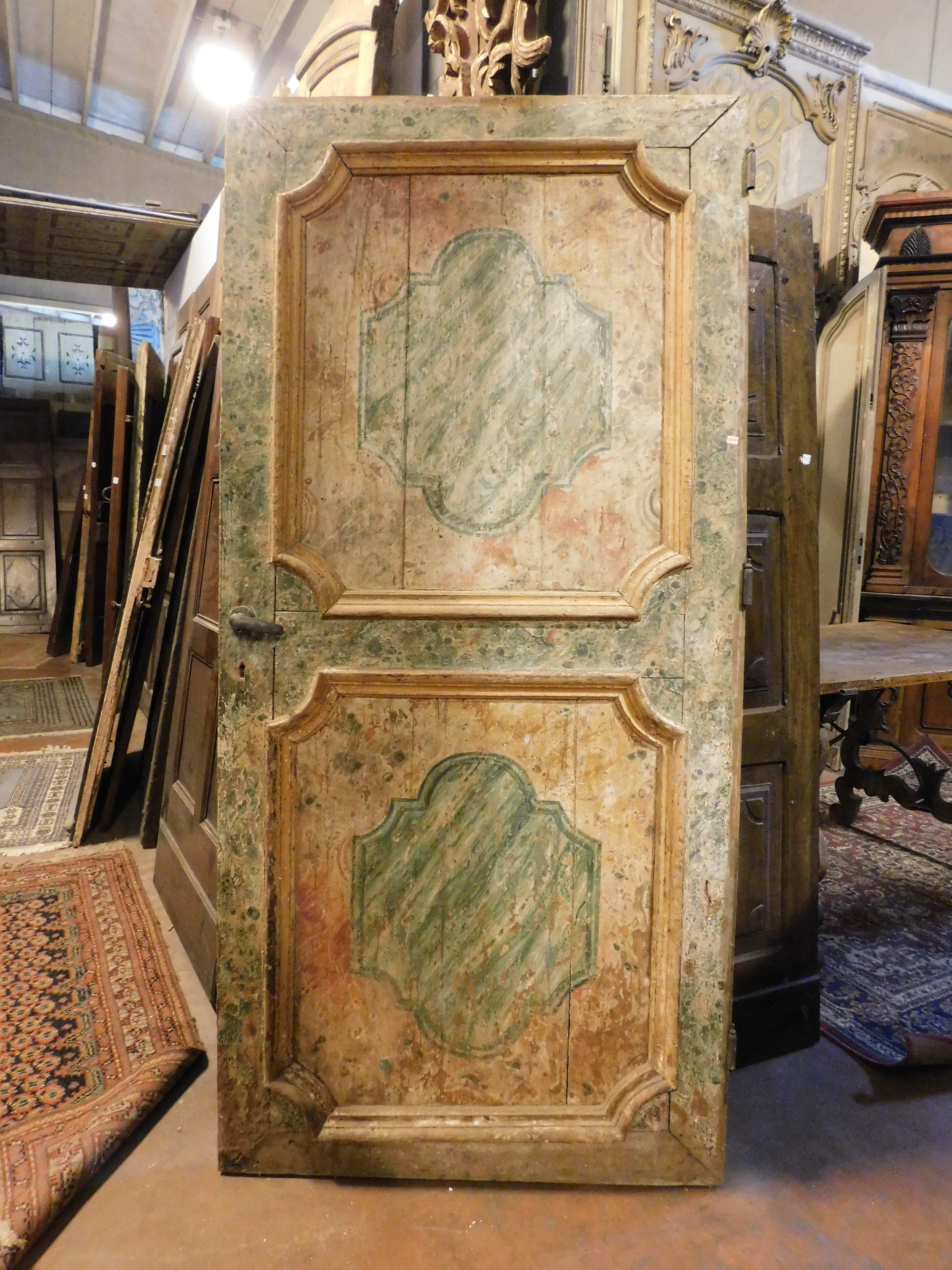 Ancient interior door, in lacquered and hand-painted solid wood with a faux marble effect, single-leaf door with right-hand pull opening, origin from Naples, back in raw wood, 18th century, also ideal as a decorative panel or as a sliding door, size