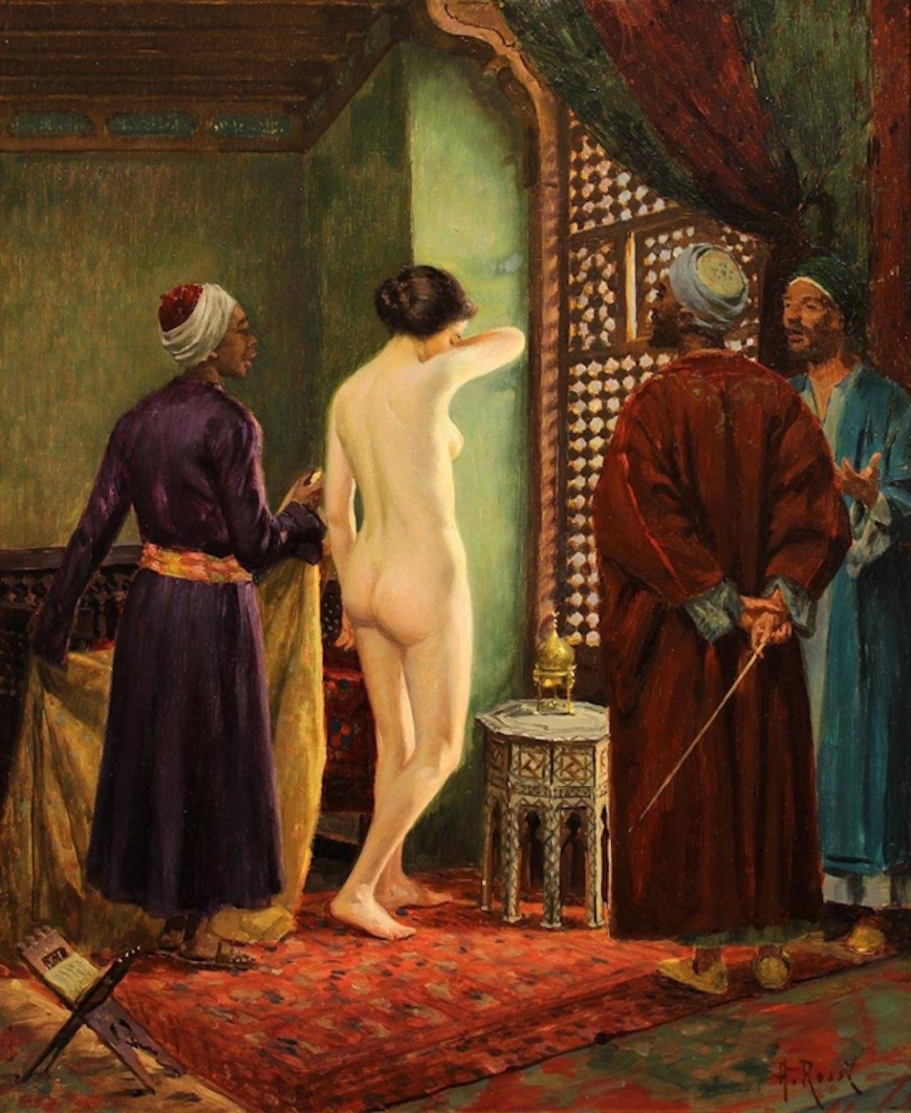 Alberto Rossi (Torino 1858-Torino 1936)
Orientalist interior with slave
Signed lower right: A. Rossi

Alberto Rossi is trained at the Albertine trine academy, which he attends to leave in 1876.
Here, he follows the courses of Andrea Gastaldi