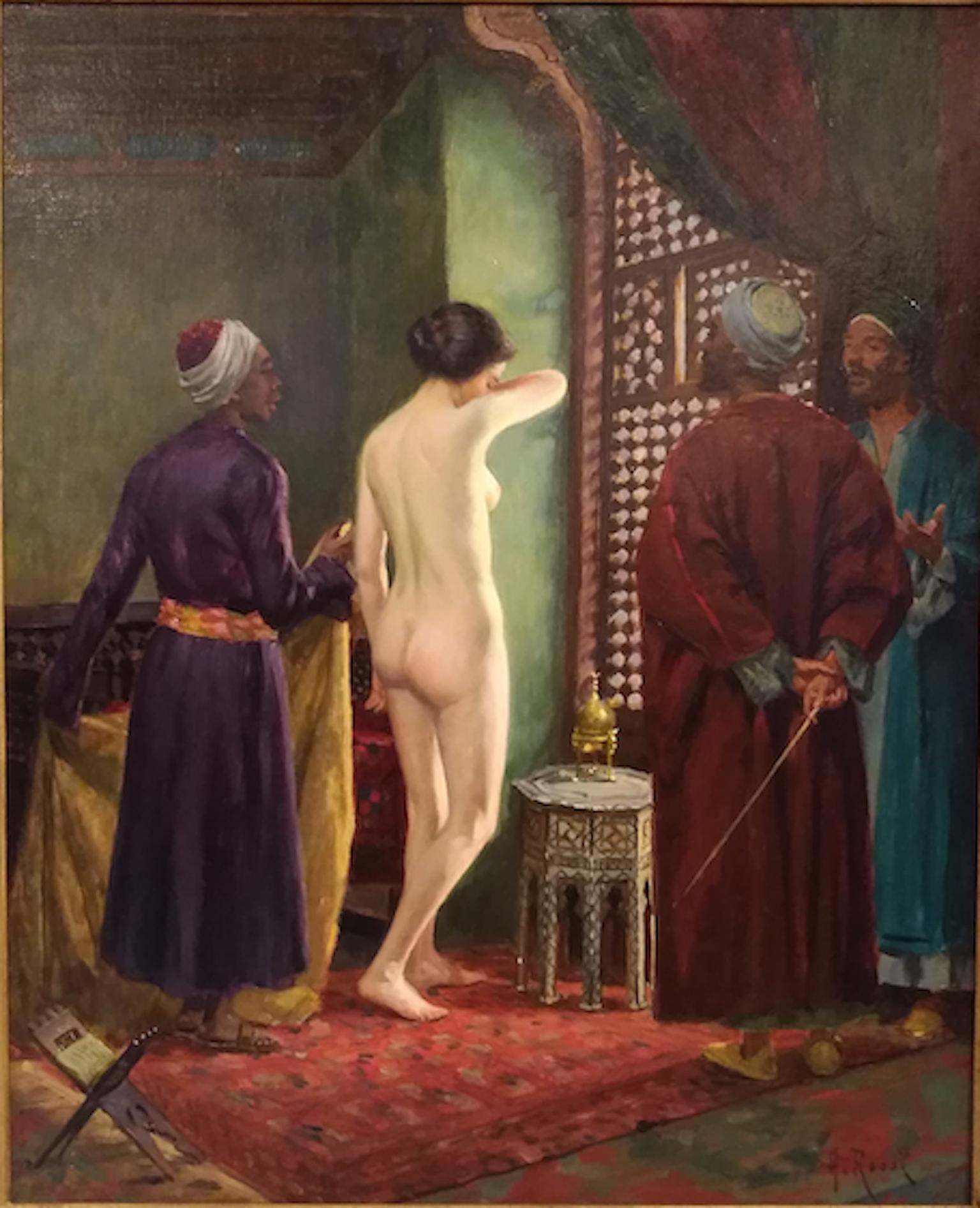 Oiled Interior Orientalist, Alberto Rossi Oil, 19th Century the Slave Italian Painting For Sale