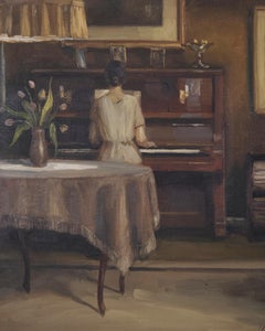 Interior Painting “Lady at the Piano” in Gilt Frame from the 1930s