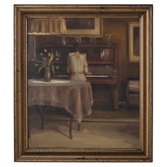 Interior Painting “Lady at the Piano” in Gilt Frame from the 1930s