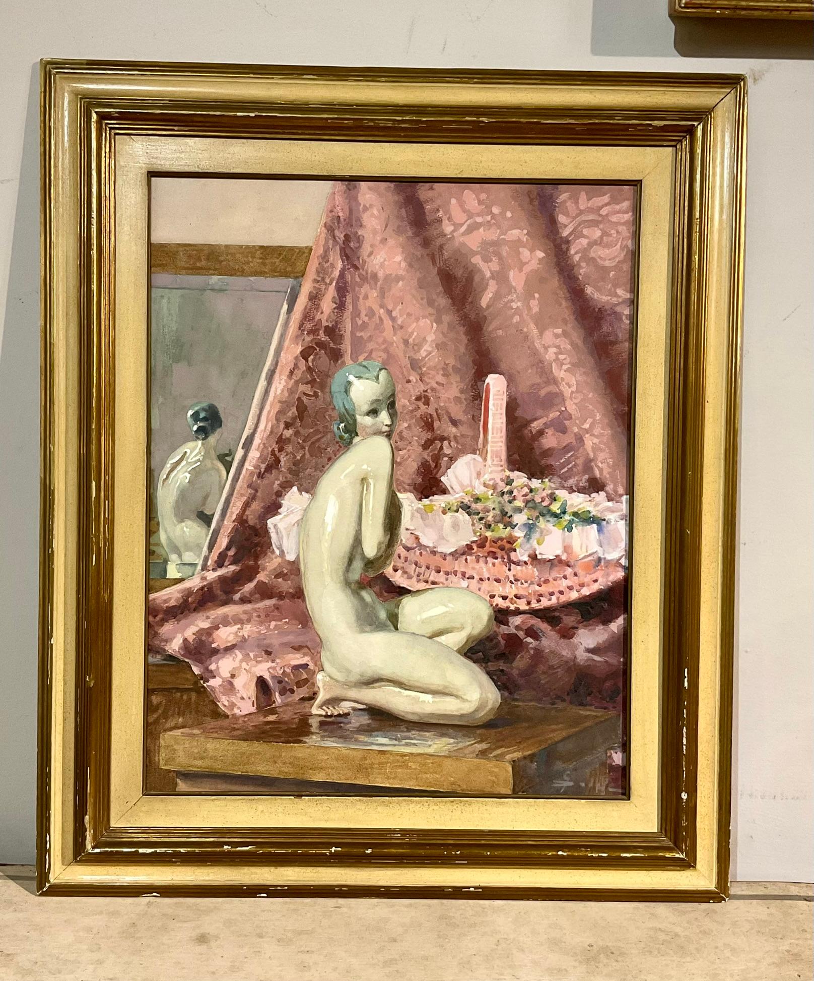 Beautiful interior scene with in the foreground a Lenci Manufacture ceramic figure, in front of a mirror and a pink basket.
Unidentified painter from the 1950s.