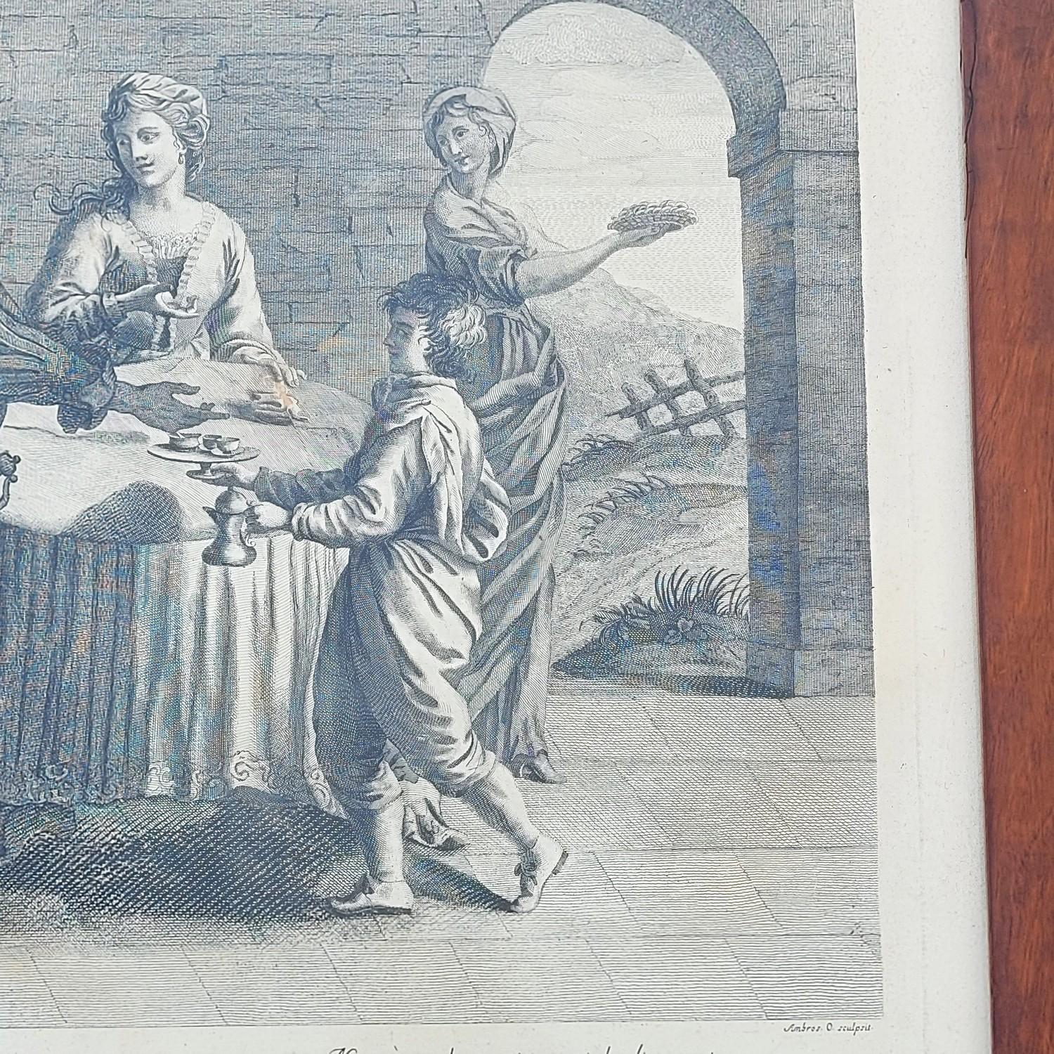 Gerahmte Gravur, die eine belebte Innenszene mit mehreren Personen an einem Tisch zeigt.   

Es trägt die folgende Beschreibung: 