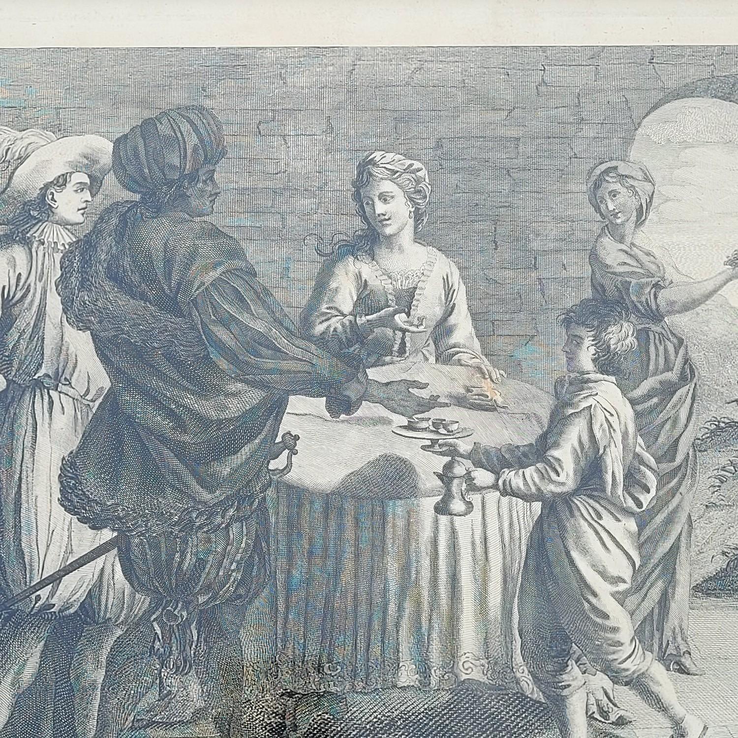 Innenraumszene, gerahmter Kupferstich, 19. Jahrhundert (Louis XIII.) im Angebot