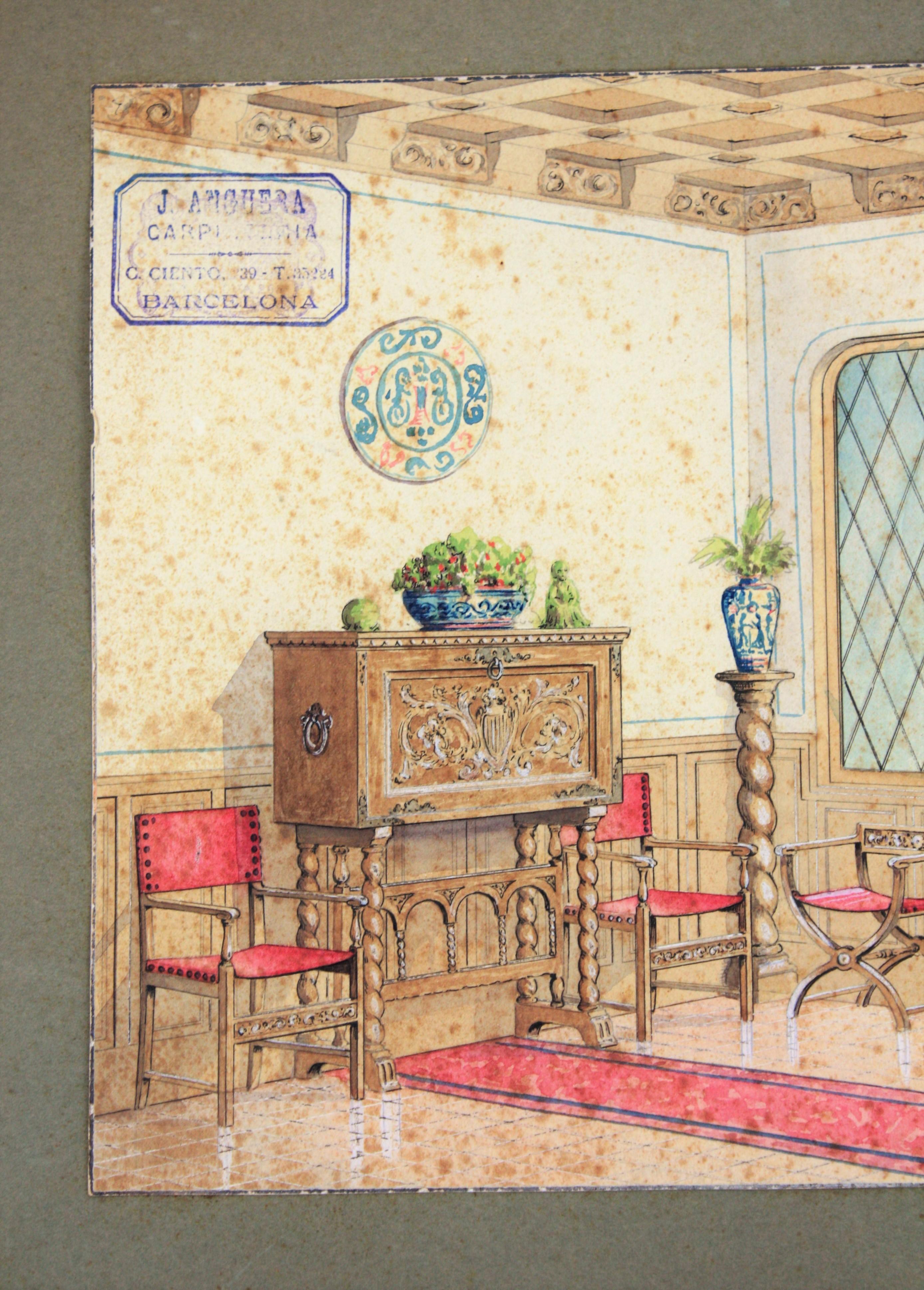 Spanish Colonial Indoor home scene. Original watercolor, ink and gouache drawing on vellum paper, Project for a home decoration. Cabinet maker archives stamp top Lef: 'J. Anguera. Carpintería. Barcelona' Number 7.
Individual size: 33.5cm W x 24cm