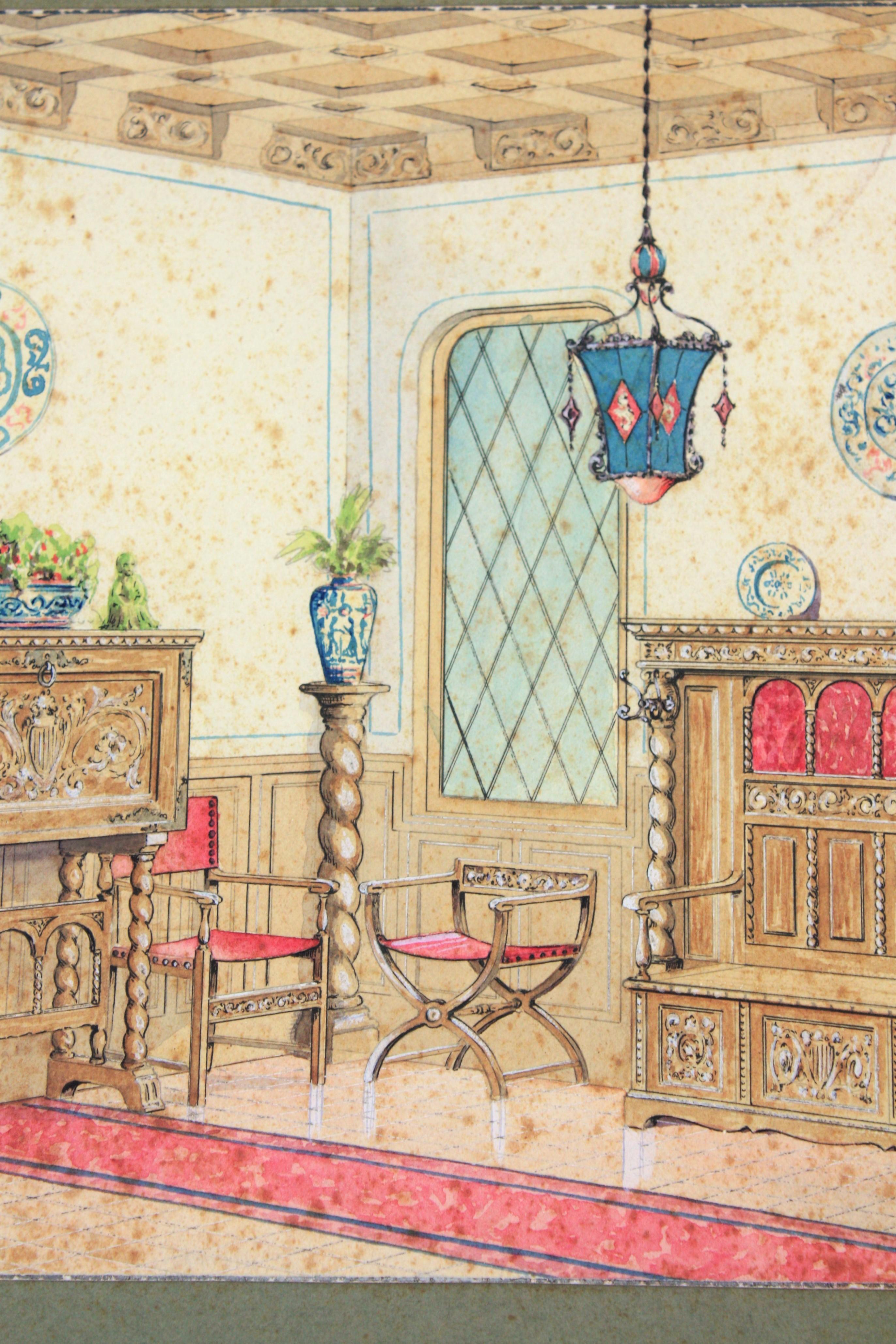 Spanish Interior Scene Original Watercolor, Ink and Gouache Drawing, Spain, 1930s For Sale