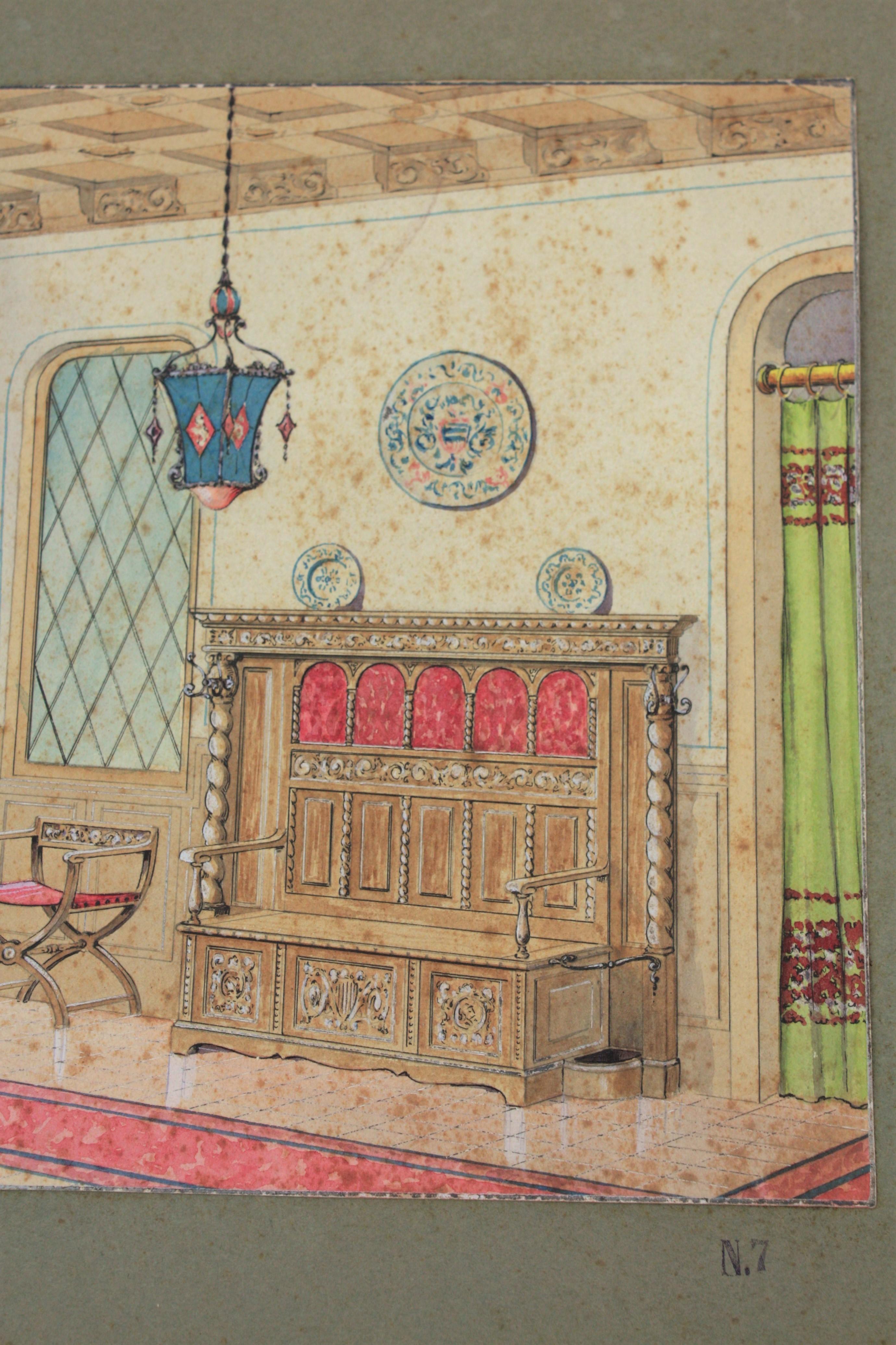 Hand-Painted Interior Scene Original Watercolor, Ink and Gouache Drawing, Spain, 1930s For Sale