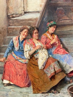 Interior Scene with Peasant Women and Monk Watercolor Painting by Augusto Daini