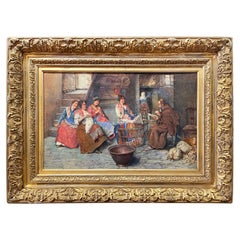 Interior Scene with Peasant Women and Monk Watercolor Painting by Augusto Daini