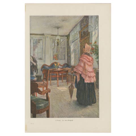 Interior Scene with Woman in Pink Shawl – “Vor dem Ausgange” by C. Kuehl, 1890