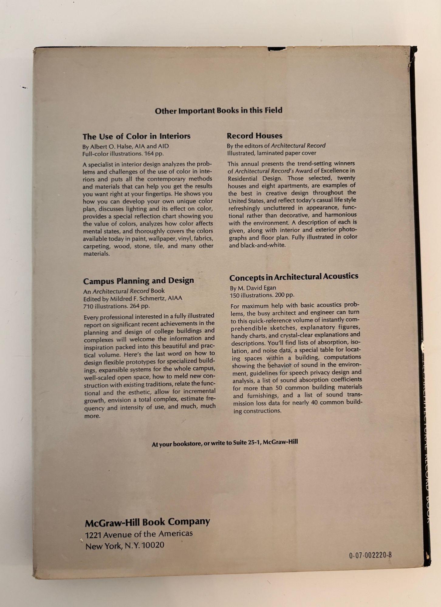 * Interior Spaces Designed by Architects
* Editor: Barclay F. Gordon
* Publication Date: January 1974
* Publisher: McGraw-Hill Book Company
* Format: Hardcover
* Pages: 230
* Language: English