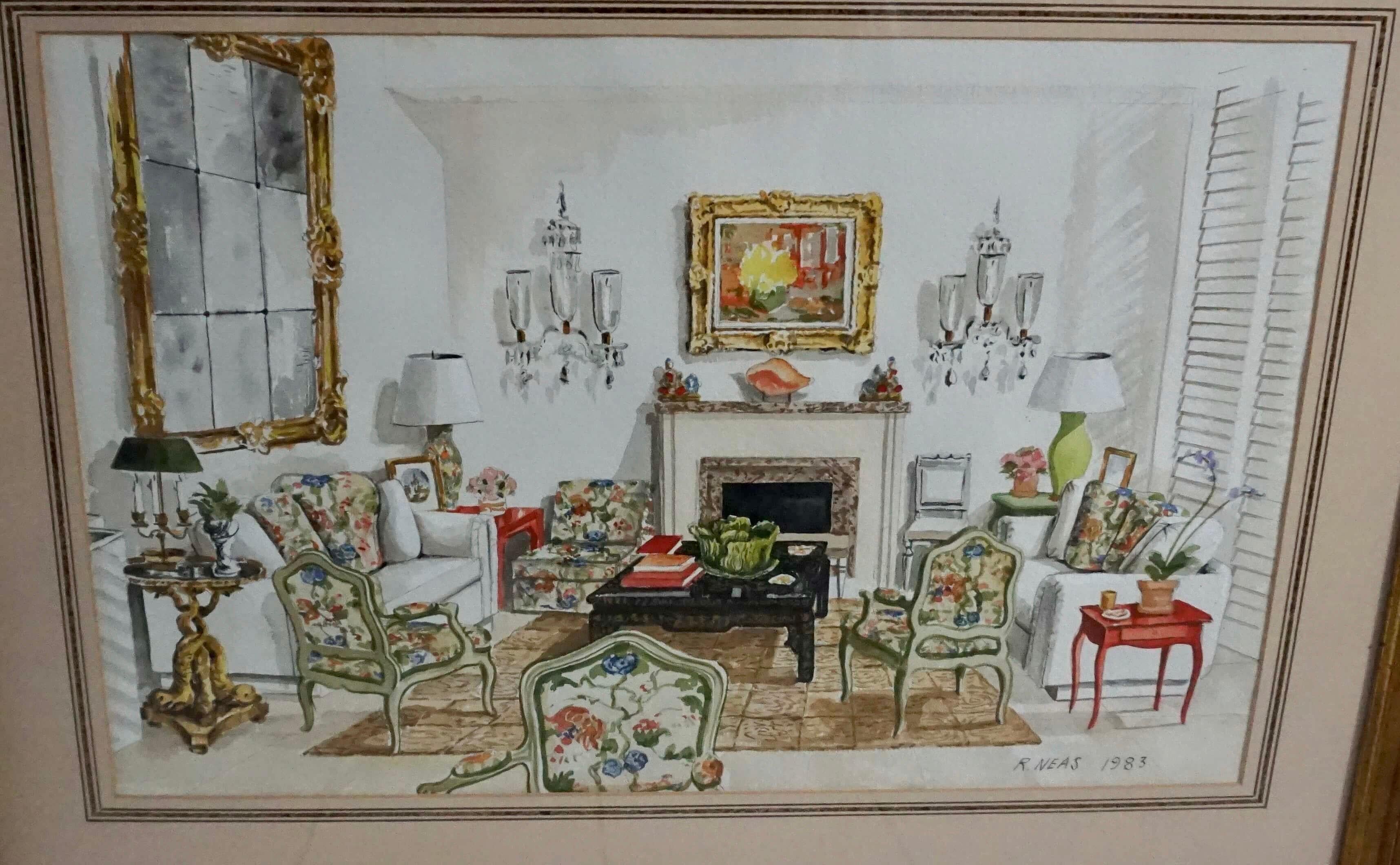 Interior illustration, study, or rendering in watercolor on paper of a drawing or living room by the renowned late New York City interior designer Richard Lowell Neas signed and dated 1983 and presented as originally French matted and giltwood