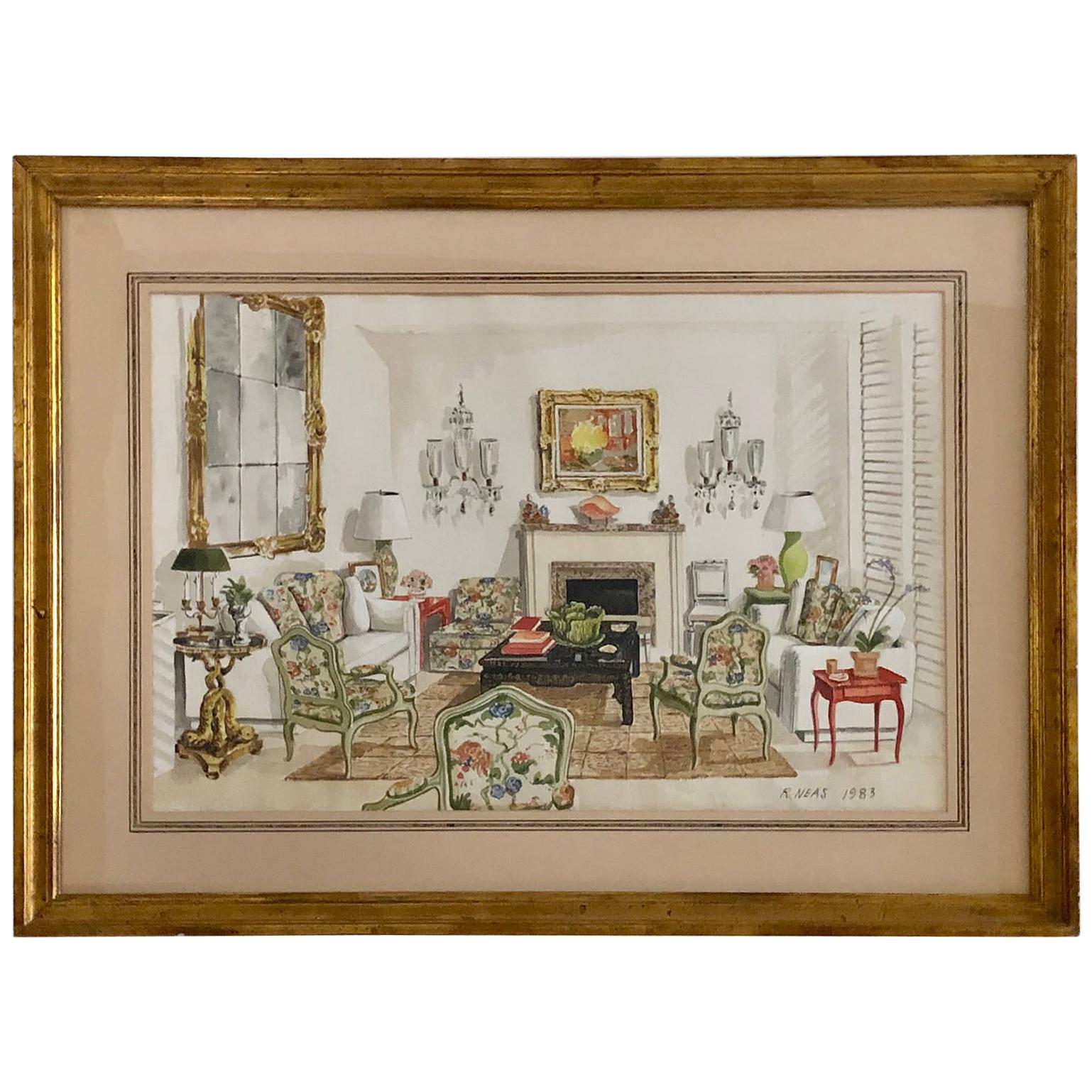 Interior Watercolor by Designer Richard Lowell Neas, 1983