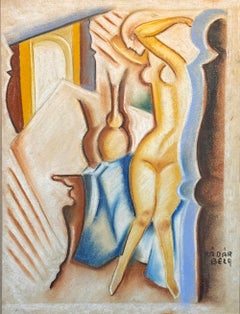 "Interior with Female Nude", Striking Drawing by Kádár, Hungarian Master