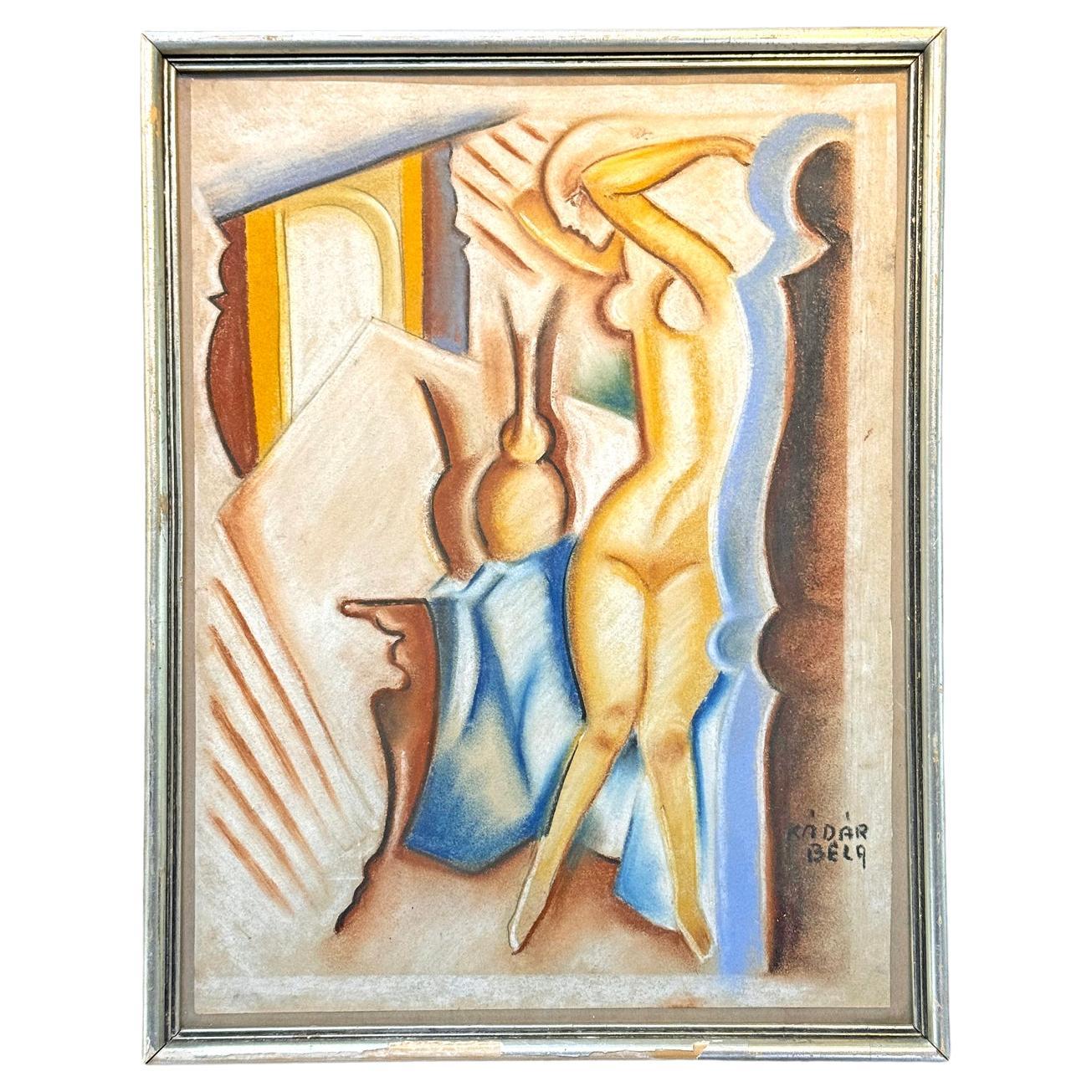 "Interior with Female Nude", Striking Drawing by Kádár, Hungarian Master