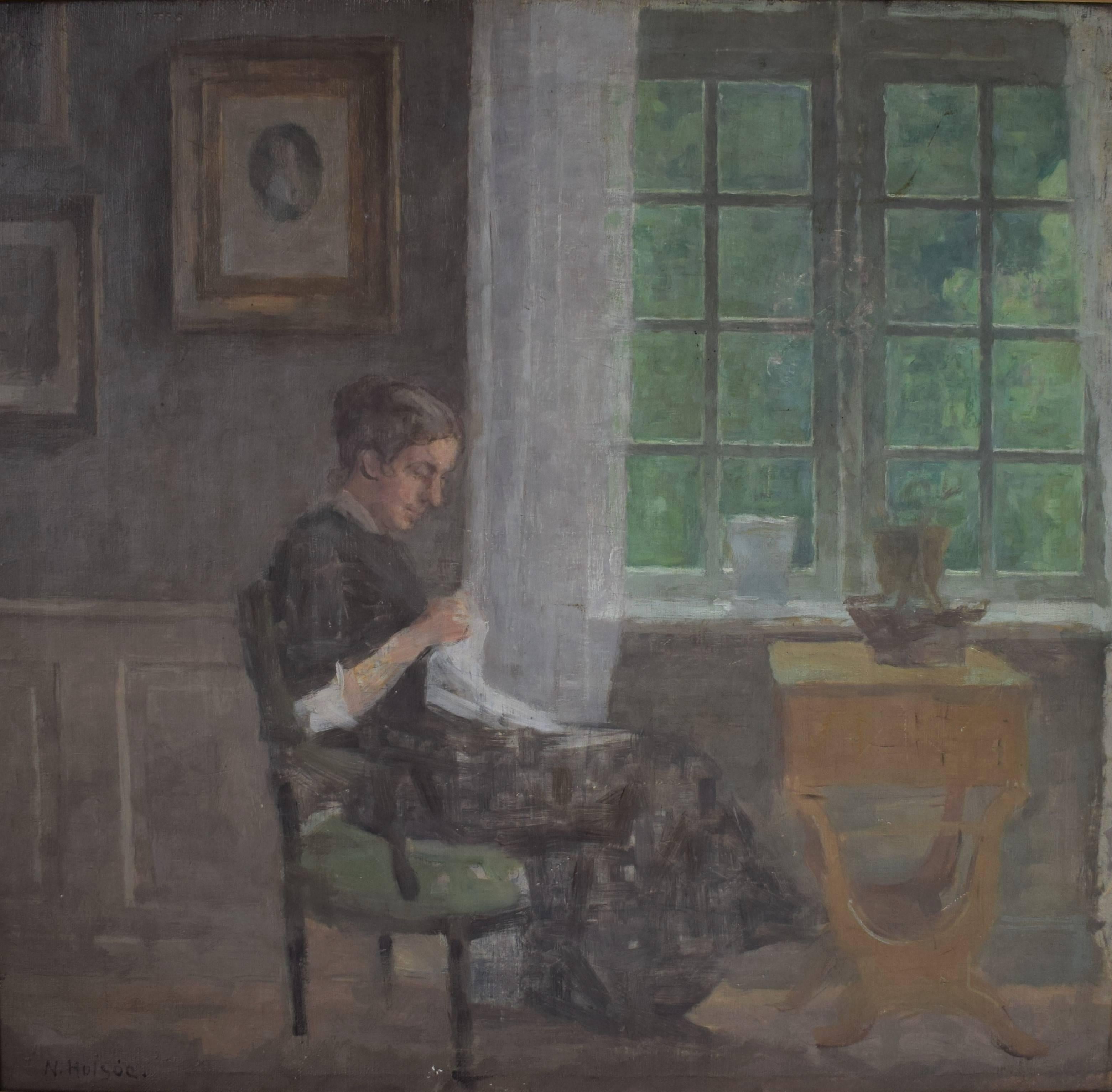 Interior with sewing woman sitting by the window by the Danish painter Niels Holsøe (1865 - 1928). Oil on canvas. Signed: N. Holsøe
Dimensions: inches 21.3 H x inches 22.1 W x inches 2 D / cm 54 H x cm 56 W x cm 5 D.