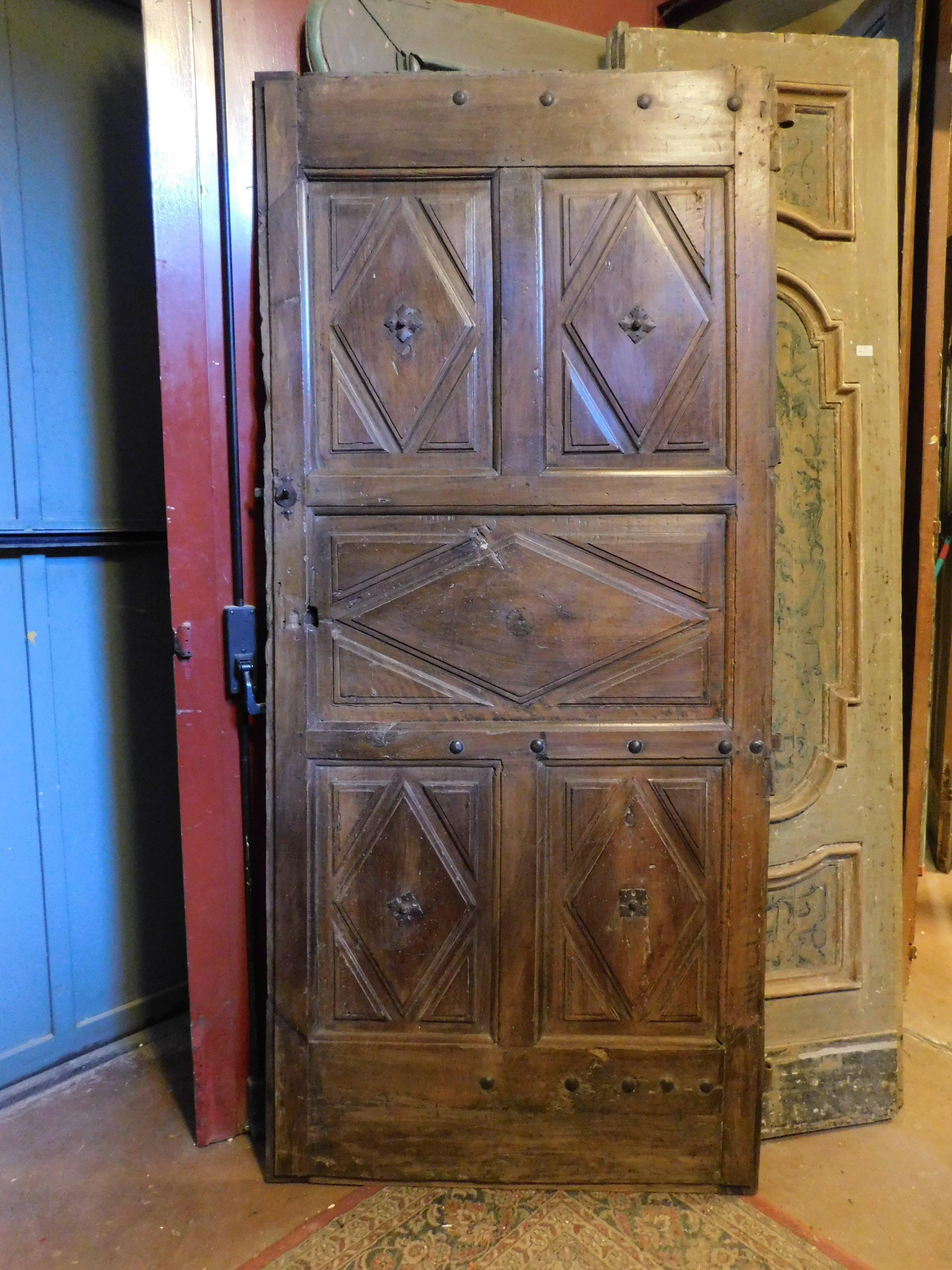 Italian Interior wooden door with diamond-shaped carved panels, Italy For Sale